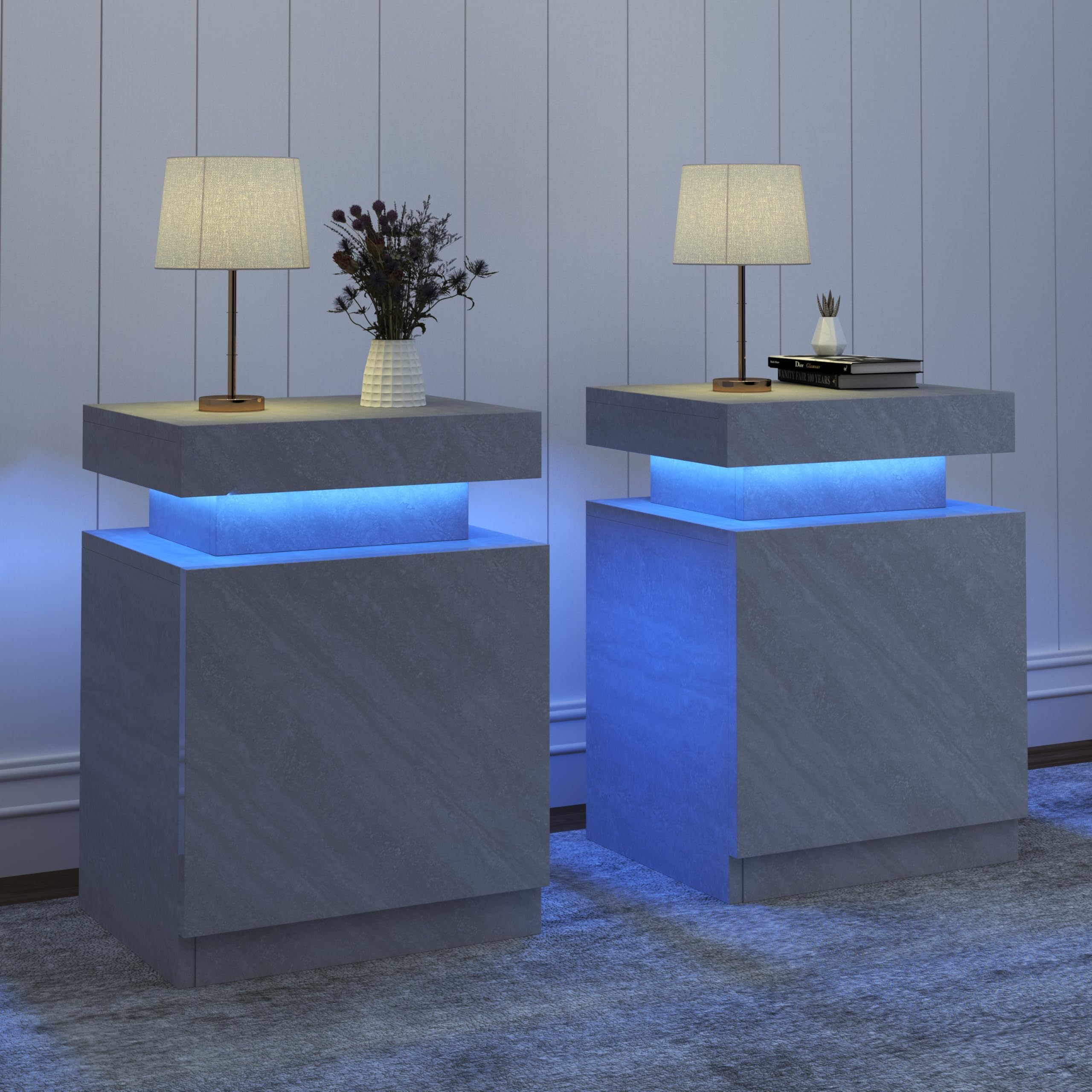 mxv nightstand set of 2 with led lights,night stand with storage cabinet for bedroom,bedside table with led (grey, 17.7in) ( only 1  cabinet)