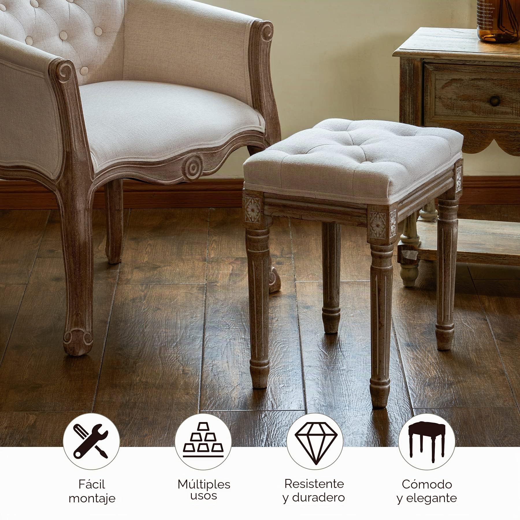 VONLUCE Taburete de Estilo Vintage con Patas de Madera - Taburete de Piano y Entrada para Dormitorio o Sala de Estar - 30x40x47cm