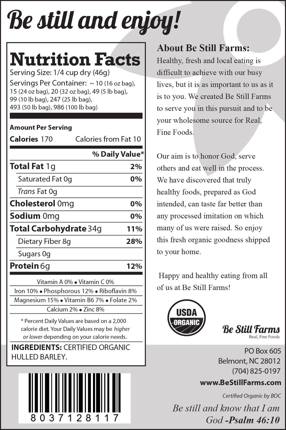 Buy Be Still Farms Organic Hulled Barley (1lb) Grind into Organic