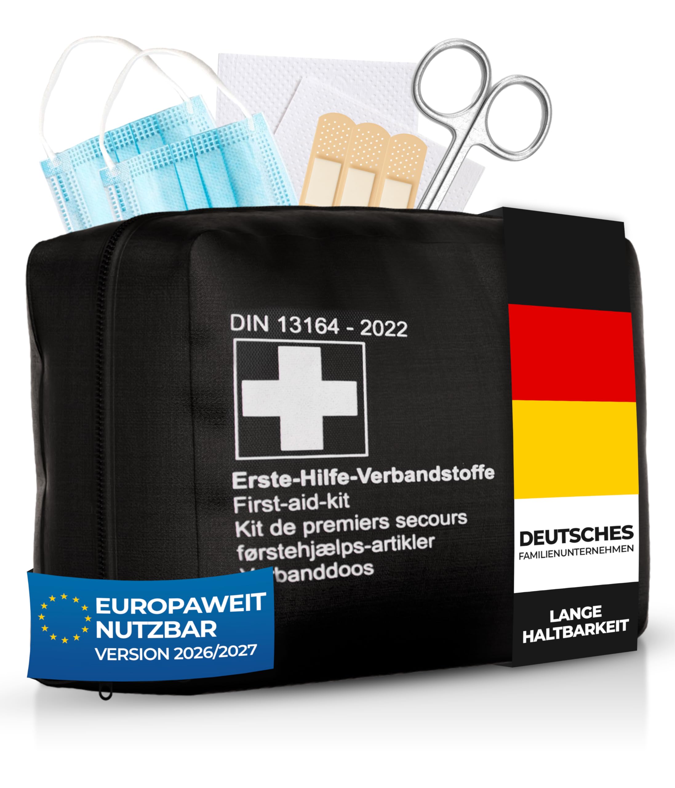 Thomatex® KFZ Verbandstasche 2026/2027 [DIN 13164-2022] – Kompakter Verbandskasten – Lange Haltbarkeit – Erste-Hilfe-Set, StVO-konform – Schwarz