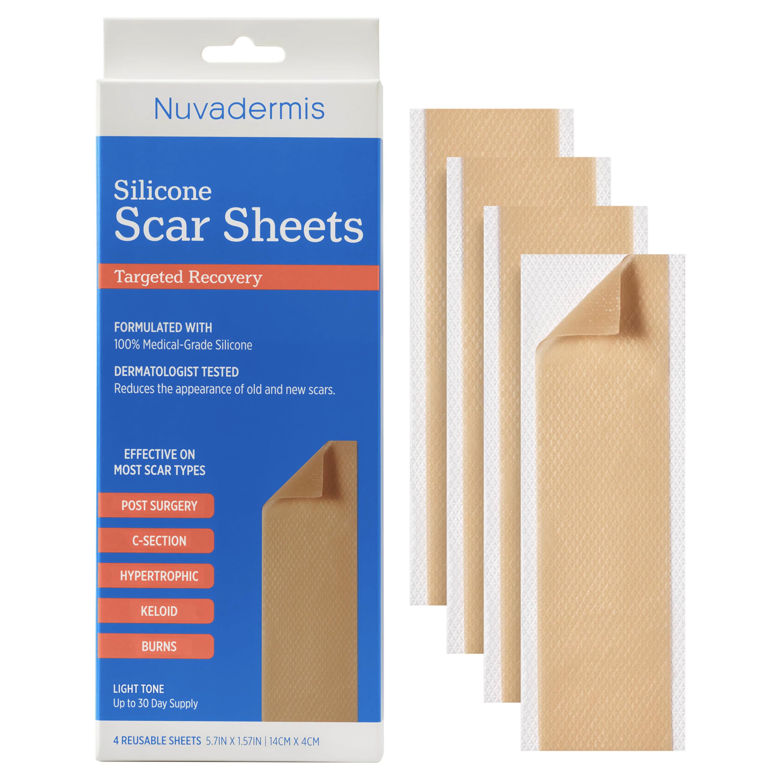 NUVADERMIS Silicone Scar Sheets - Extra Long Scar Sheets for C-Section, Tummy Tuck, Keloid, and Surgical Scars - Reusable Medical Grade Silicone Scar Sheets - Post Surgery Supplies - Pack of 4