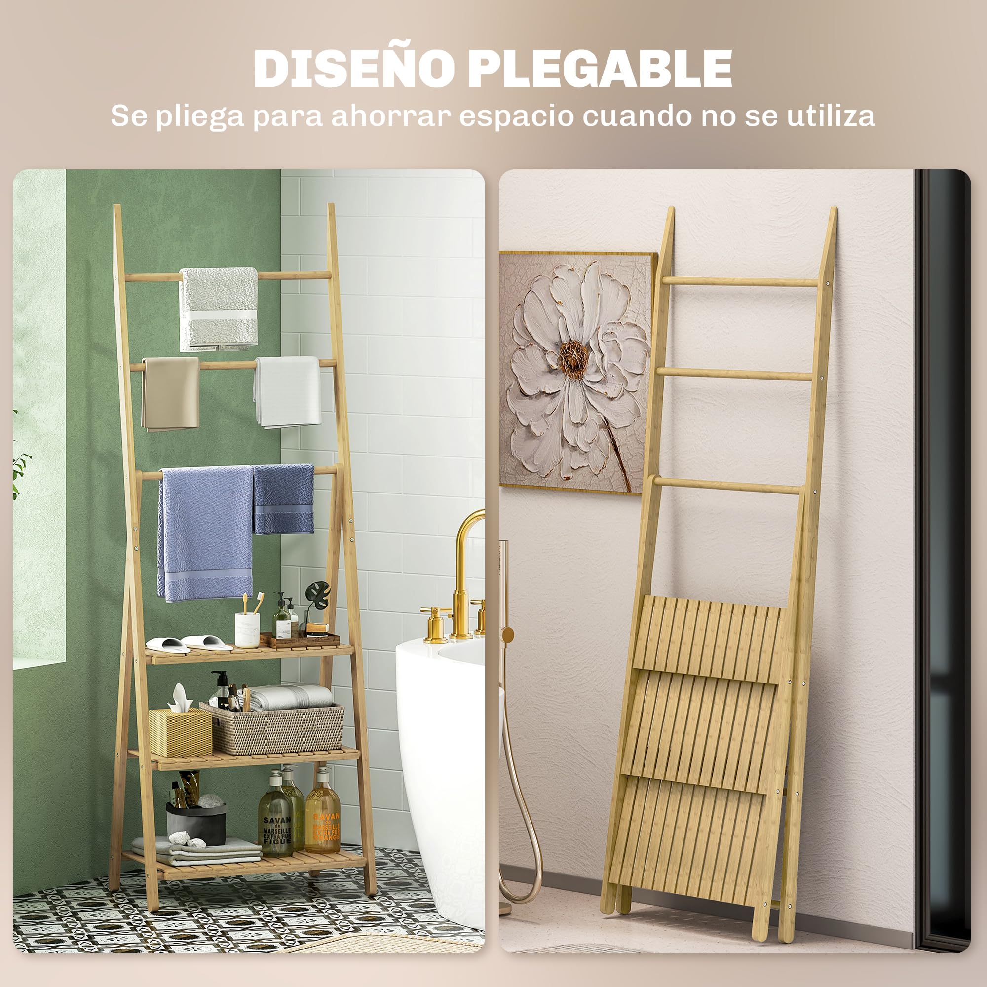 HOMCOM Estantería de Baño de Bambú con 3 Estantes 53,5x30x153 cm Natural | Estantería de Almacenaje, Plegable, con Barras, en Forma de A
