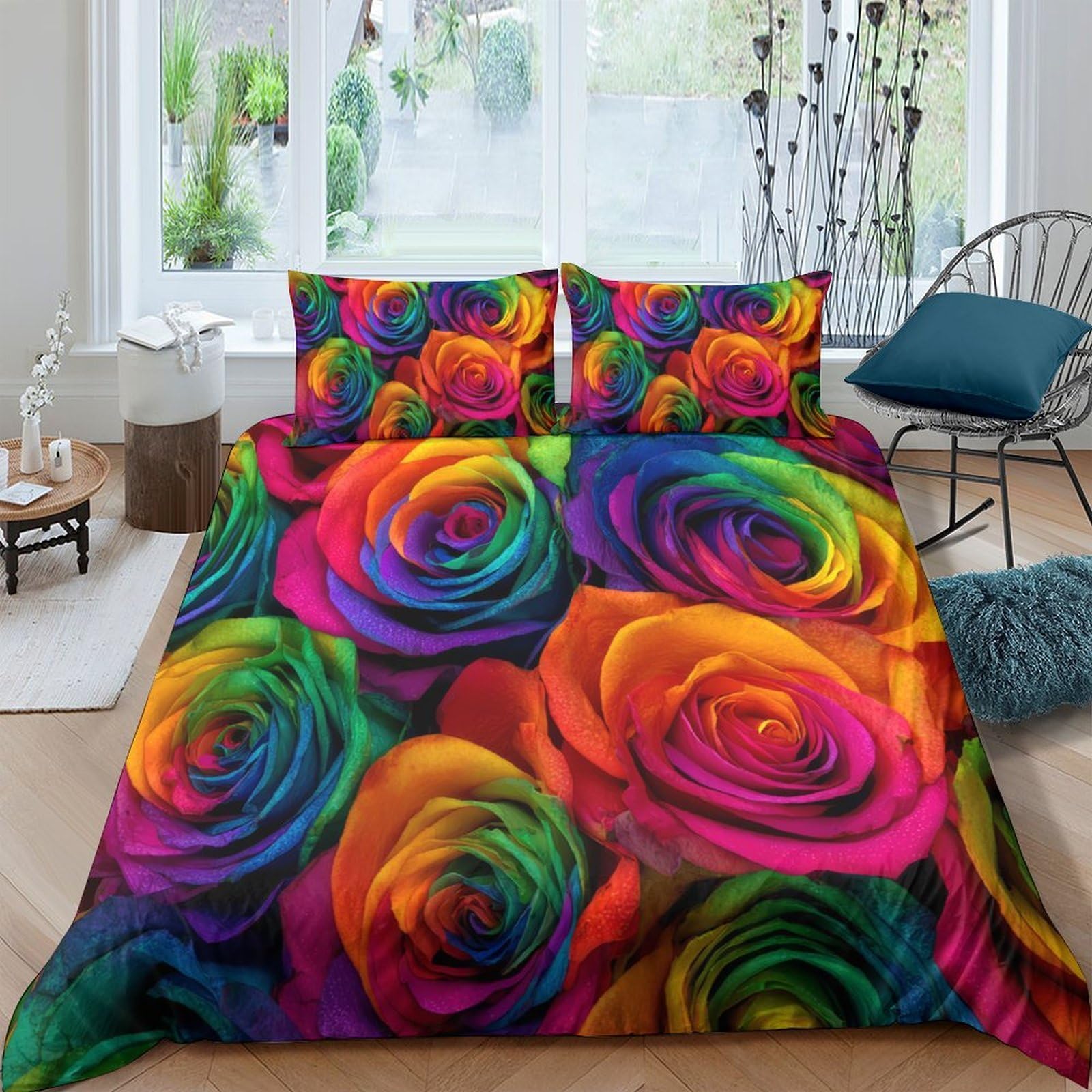 Ctjqhvkz Style-1 3D Printed Rainbow Rose Fitted Sheet Microfiber Vibrant Floral Mattress Cover For Bedroom Guest Room Decor Single（135X200cm）