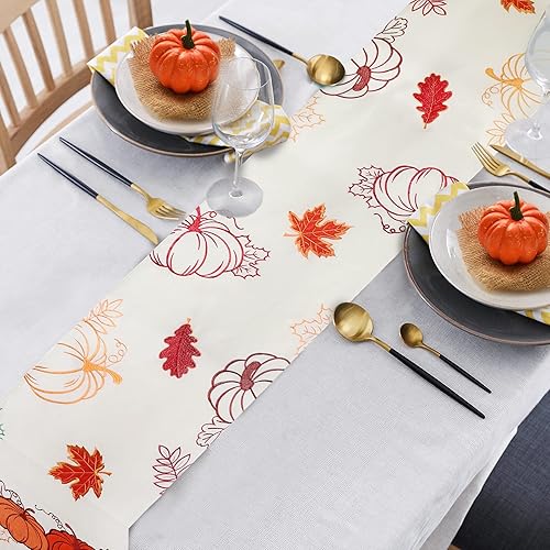 Miniatura 7 de Camino de mesa bordado de otoño  Camino de mesa naranja con hojas de arce de calabaza feliz otoño para mesa de comedor cosecha de Acción de Gracias