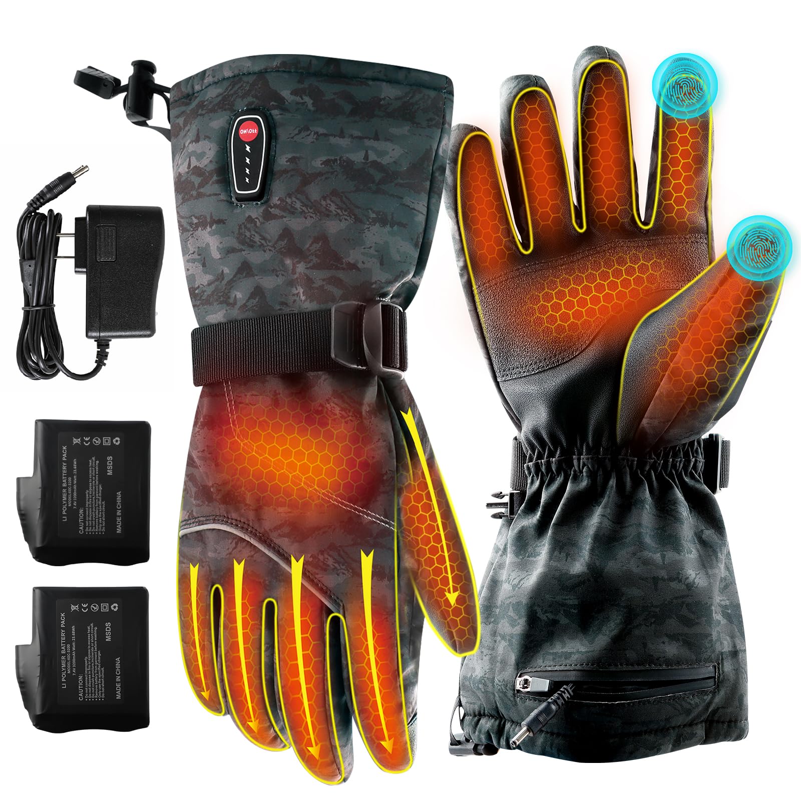 Guantes calefactados, guantes calefactados para hombres y mujeres, resistentes al agua, con pantalla táctil, recargables, con 2 baterías de 7.4 V y 3200 mAh