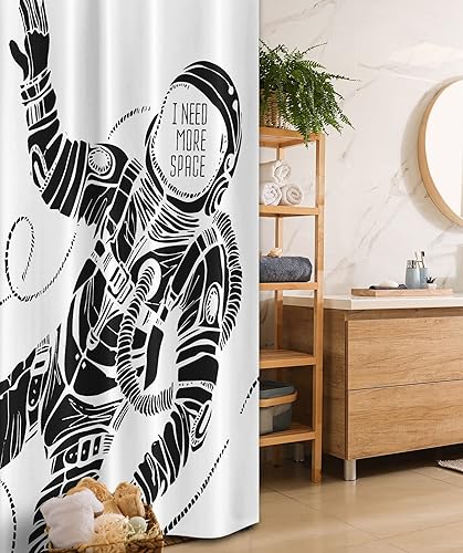 Ambesonne Cortina de ducha con diseño de astronauta en el traje de astronauta con tema de gravedad, juego de decoración de baño de tela con ganchos,