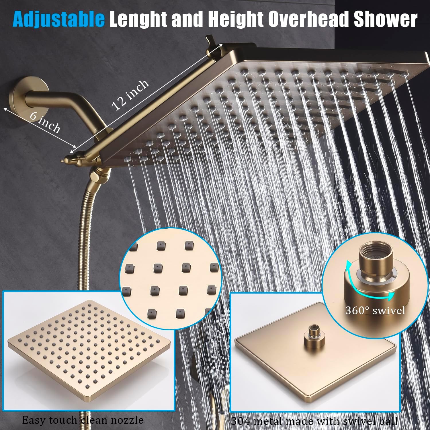 Shower Faucet Set Brushed Gold Rough-in Anti-Scald Pressure Balanced Valve Body Modern Luxury Wall Mounted 10 Inch Rain Mixer Shower System (Brushed Gold)