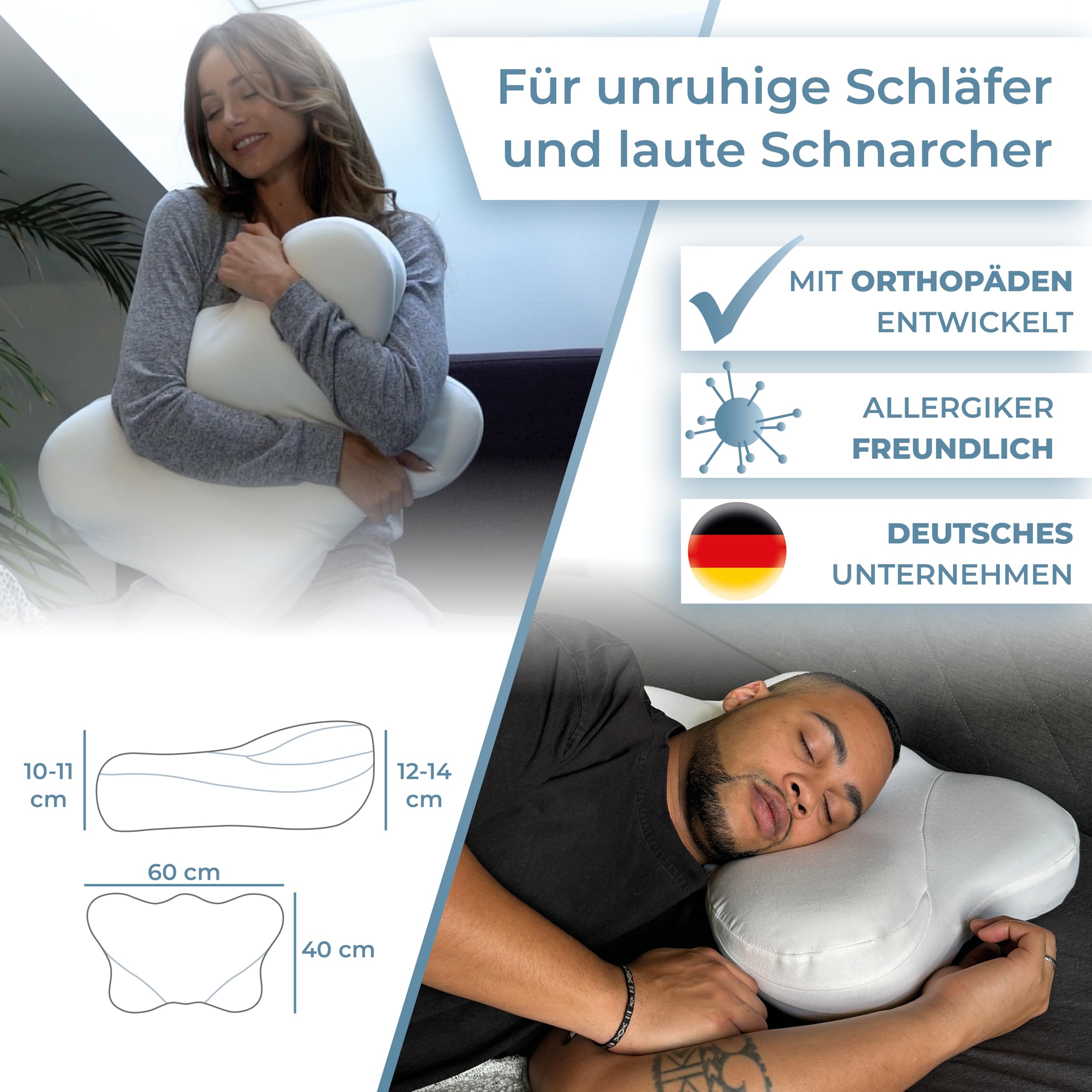 Shokunin Nackenstützkissen Orthopädisches Kissen Memory Foam 60x40 grau Anti Schnarch Seitenschläferkissen