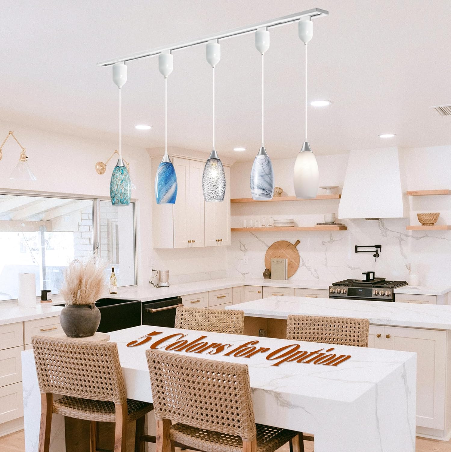 Kiven H-Type Track Lighting Pendants Adjustable Height,Modern h Track Pendant Lights with Blue Art Glass Lampsade,Decorative Track Lighting Fixture for Kitchen Island Hallway, 3-Light