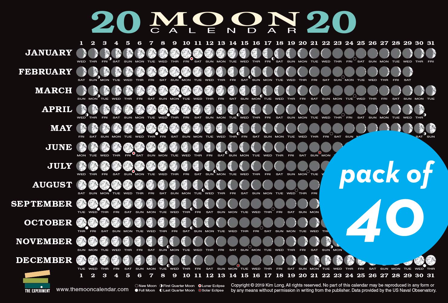 2020 Moon Calendar Card (40 pack): Lunar Phases, Eclipses, and More!