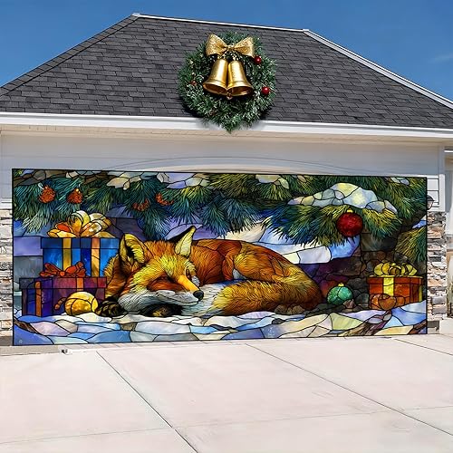 Miniatura 17 de Pancarta navideña para puerta de garaje, escena nocturna de invierno de 6 x 13 pies con camión retro de Papá Noel, decoración grande de vacaciones