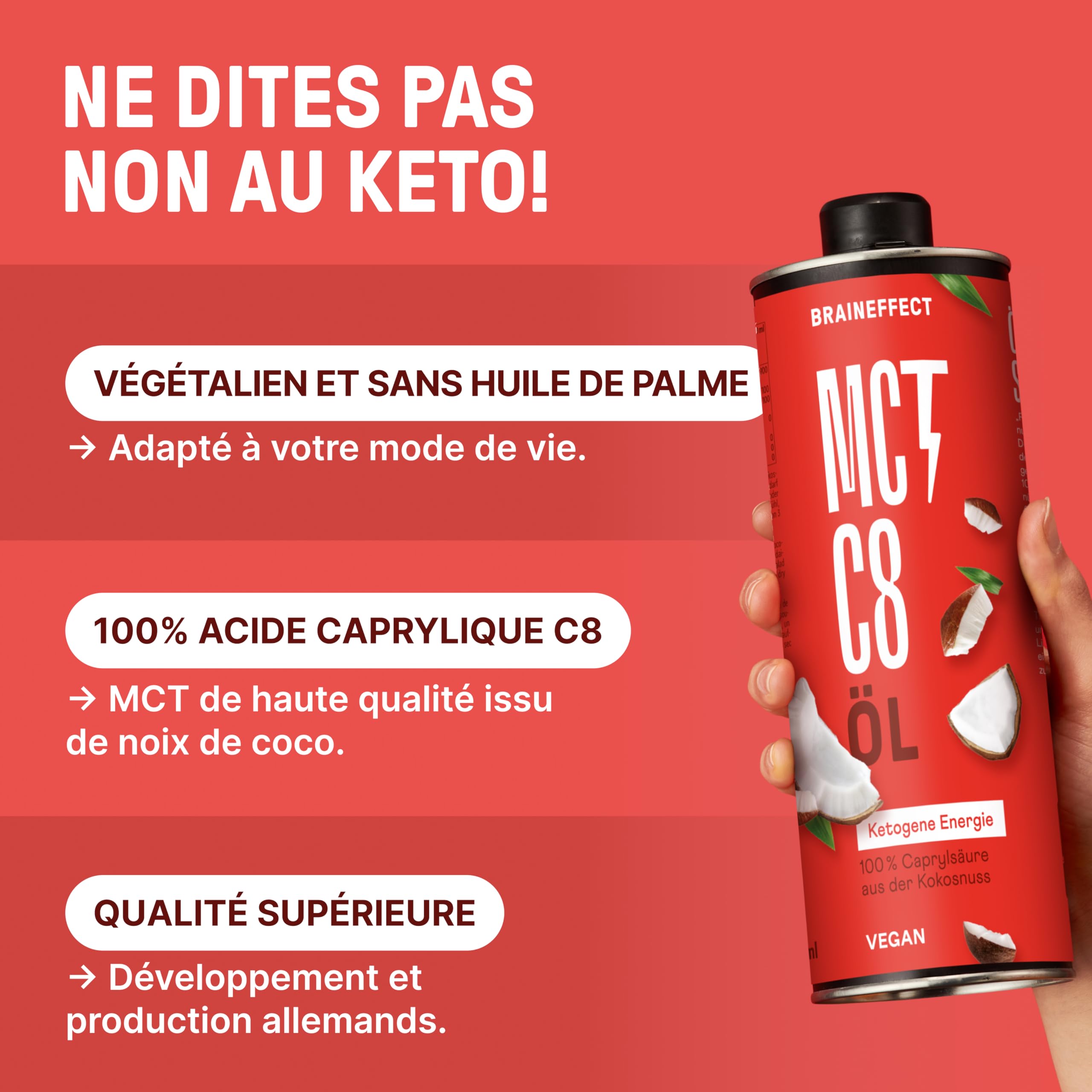 BRAINEFFECT Huile MCT 100% C8 - Qualité allemande - Huile C8 pure (sans C10) issue d'extrait de noix de coco de première qualité - 1000 ml - Bouteille métallique protectrice