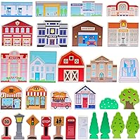 SainSmart Jr. 30-Pc Wooden Town Play Set: Train Accessories, City Buildings, Trees & Traffic Signs for Preschool Learning Toys