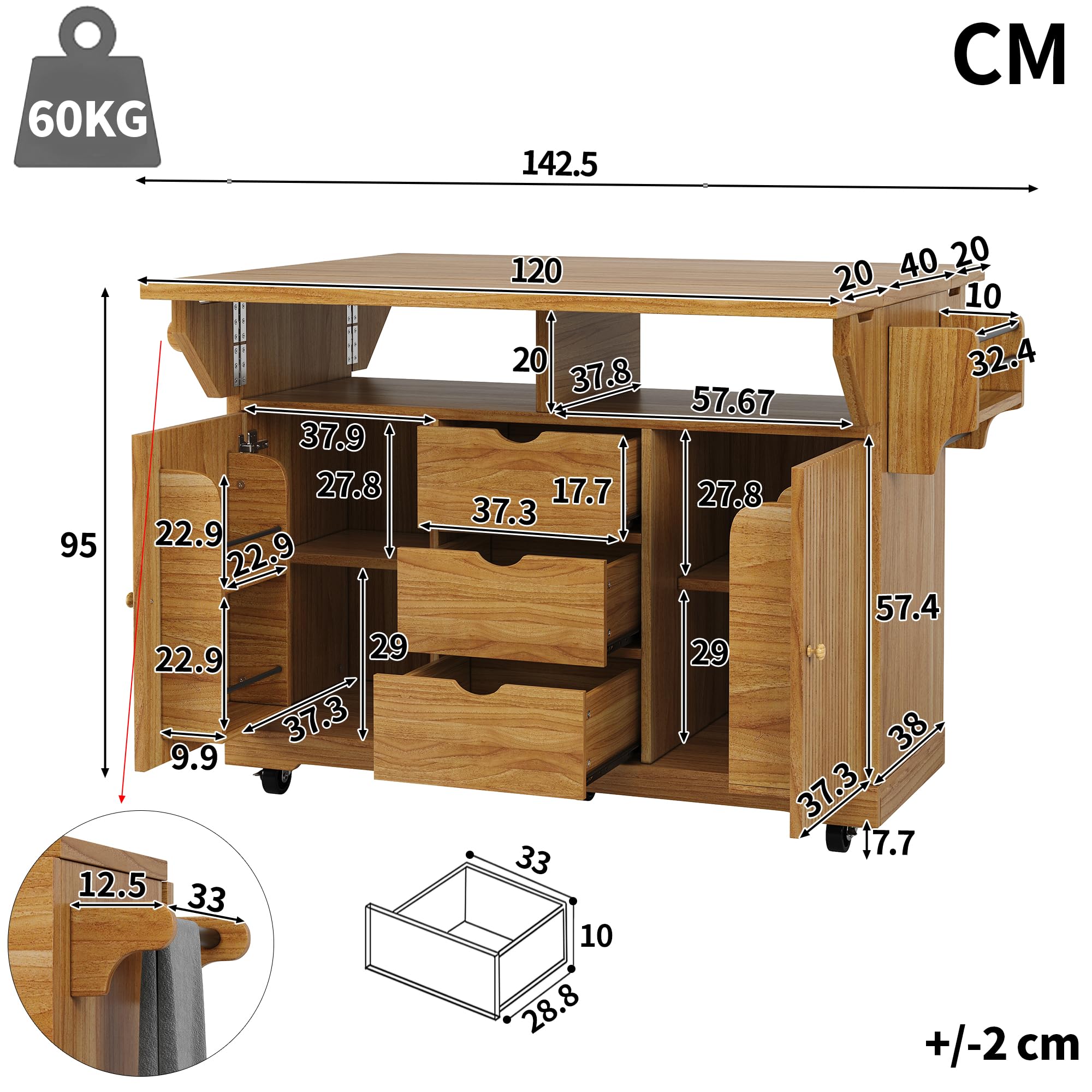 SUKY Carrito de servir con extensión de mesa plegable, 95 cm de altura ergonómica, cajones, encimera, ruedas con bloqueo, color marrón oscuro