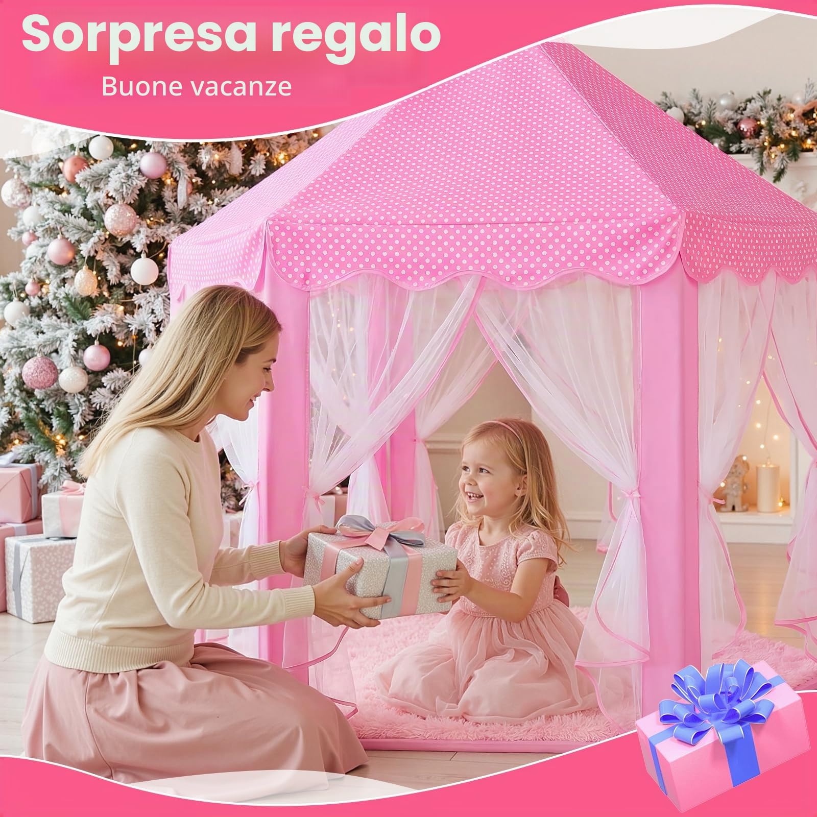Sumbababy Giocare tende per bambini principessa castello tenda con tappeto per ragazze fata esagonale giocattolo casetta per bambini o bambini piccoli giochi al coperto (rosa)