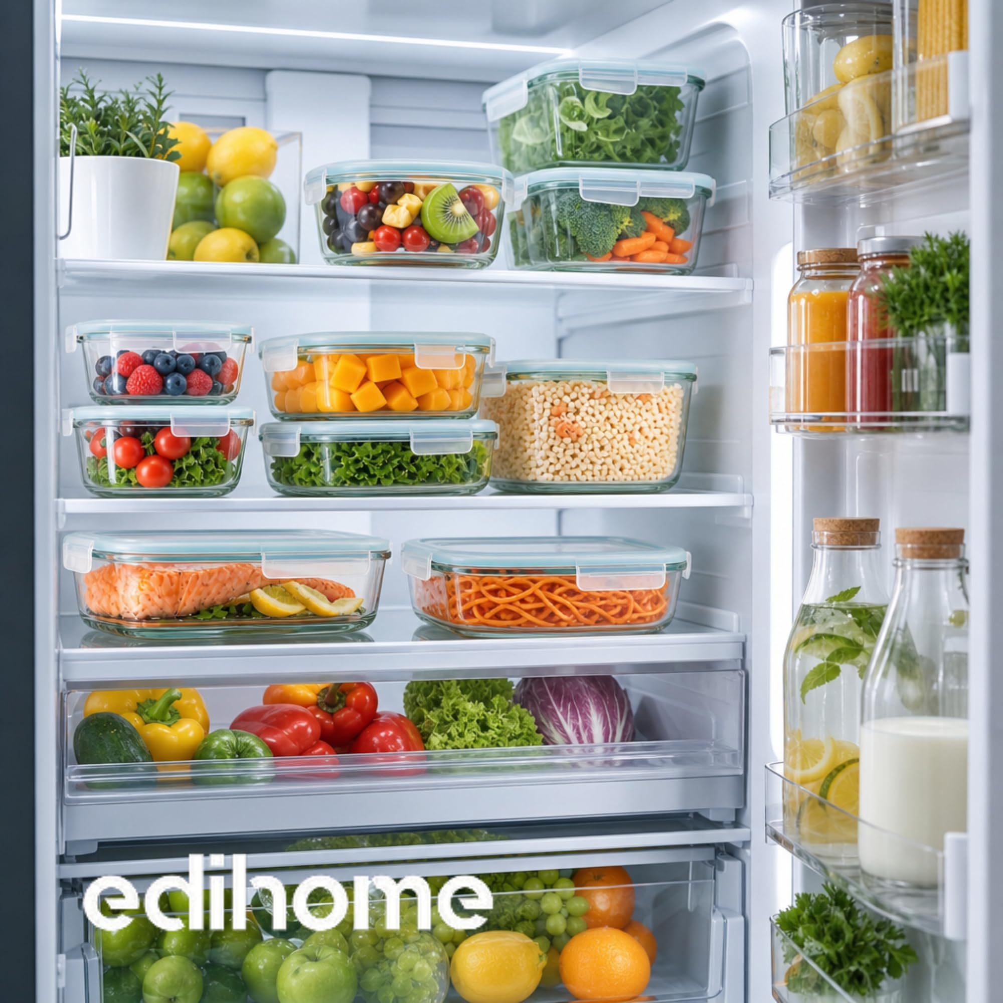 edihome, Contenitori Ermetici per Alimenti Vetro, 8,14 o 18 pezzi (contenitori + coperchi), a tenuta d'aria, a prova di perdite - Senza BPA, approvato dalla FDA e dal FSC (7 contenitori)
