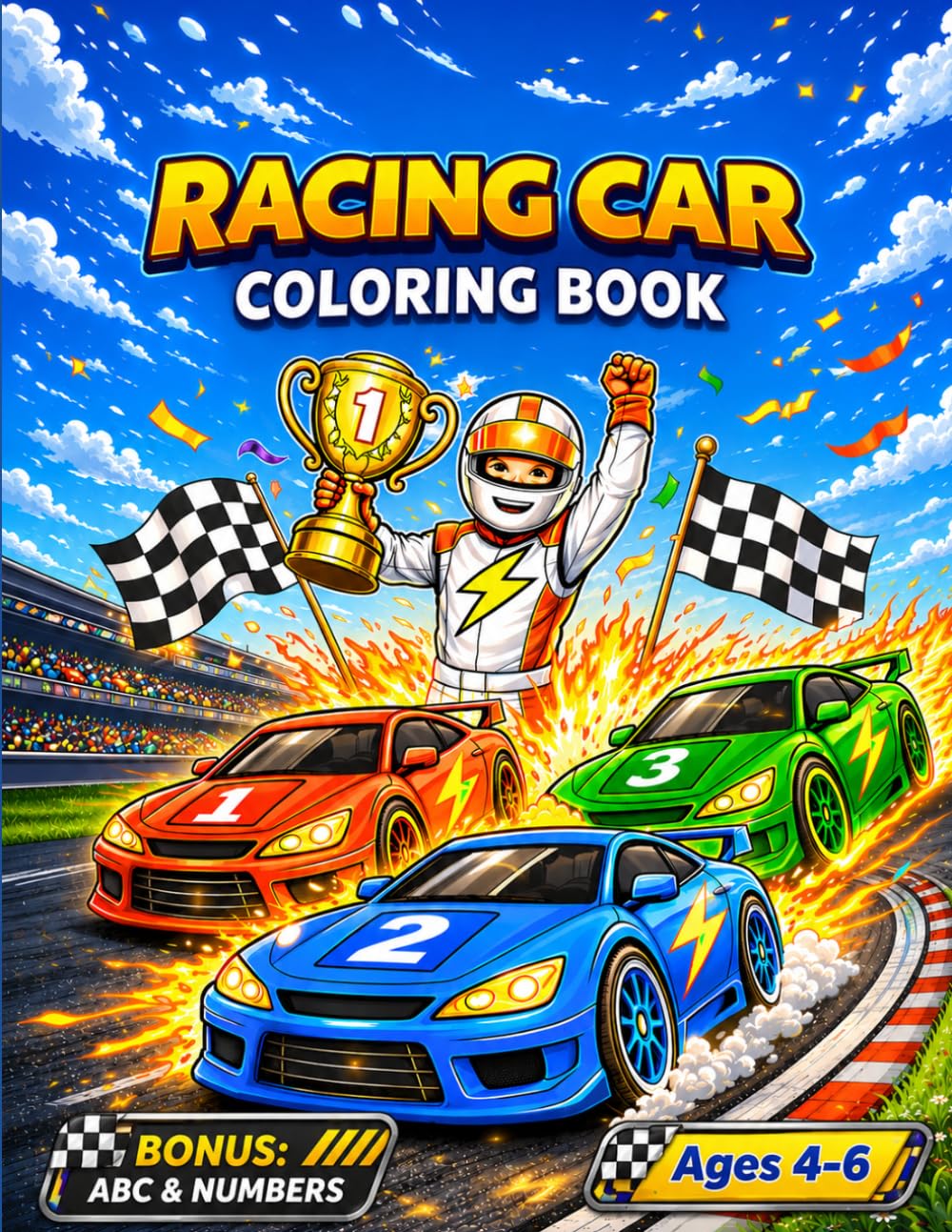 Racing Car Coloring Book for Kids Ages 4–6 with BONUS ABC Alphabet & Numbers: Fast Race Cars and Racing Scenes Coloring Pages for Preschool and ... (Smash Kids Coloring & Learning Series)