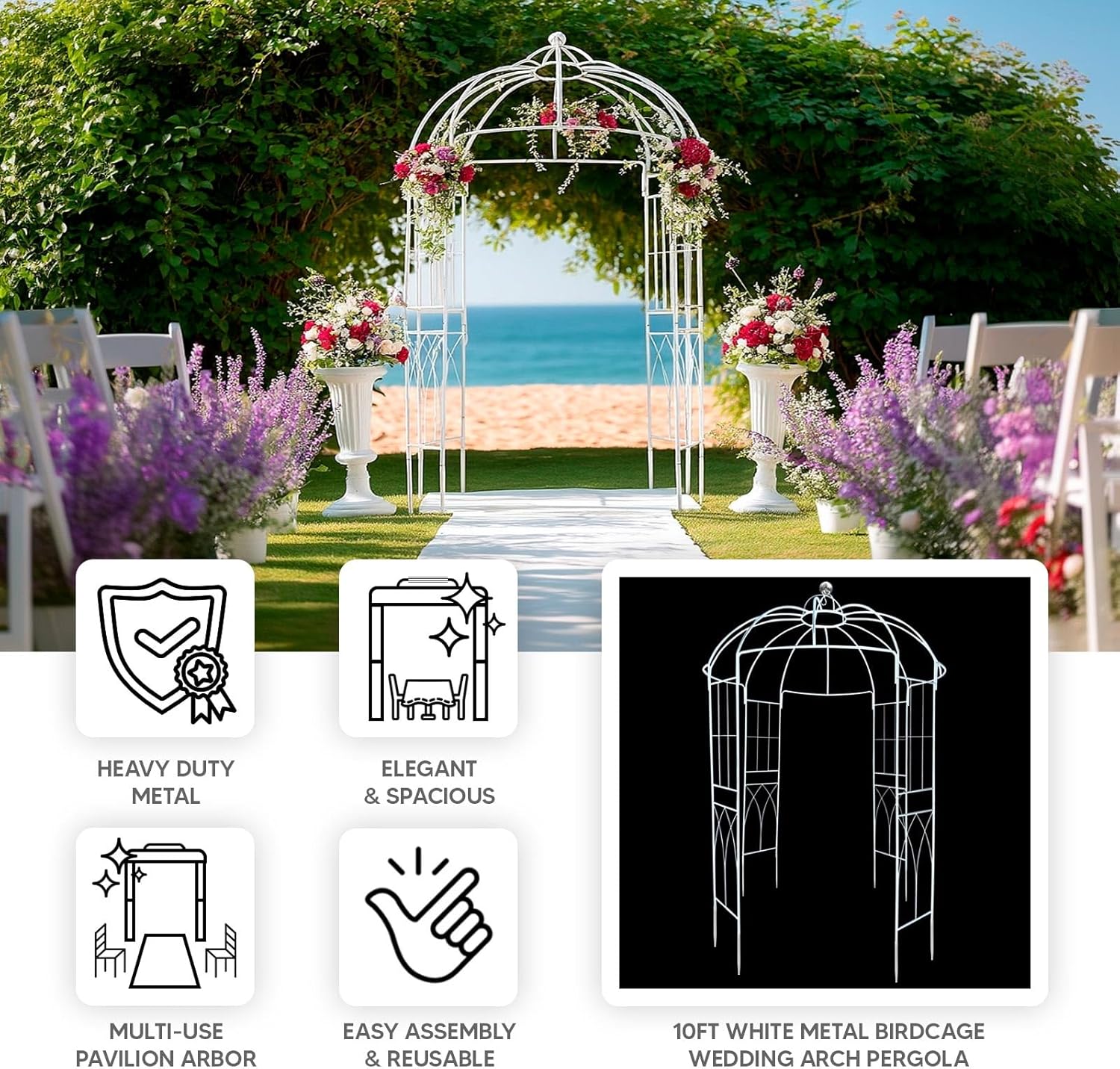 Efavormart 10ft White Metal Birdcage Wedding Arch, Large Garden Gazebo Pergola Arbor for Outdoor Ceremonies, Vines and Immersive Event Staging
