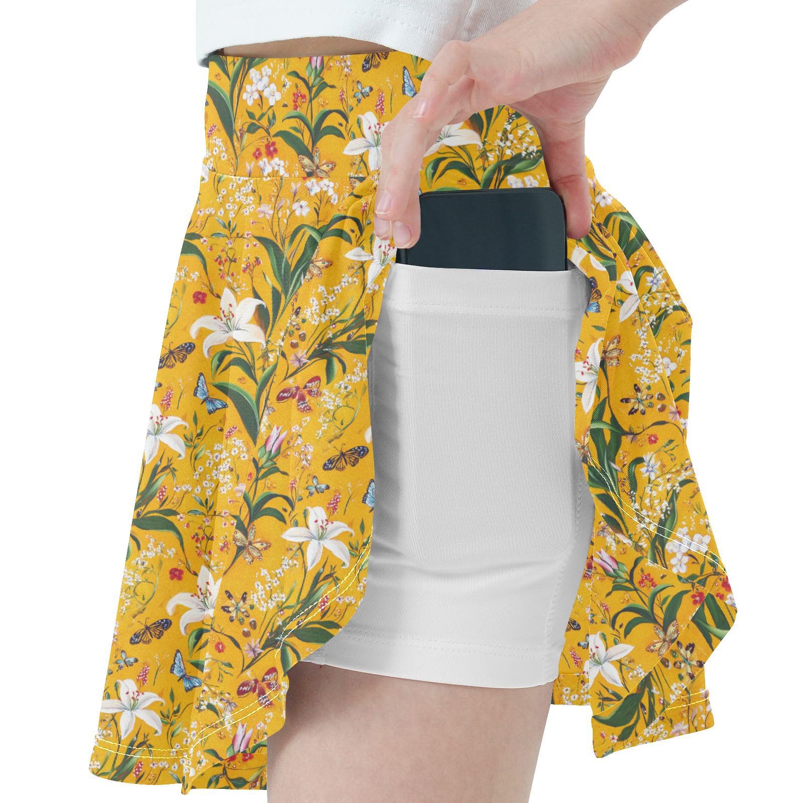 JUNZAN Spring Flowers Flowy Girls Athletic Skirts with Shorts Cheerleading Skirts with Pockets Skort for Little Girl Orange