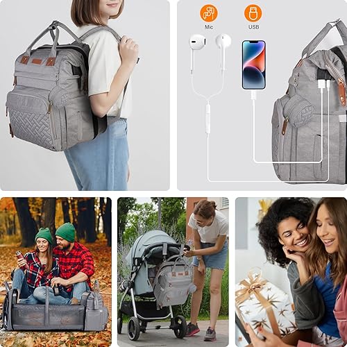 Miniatura 6 de Bolsa de pañales para bebé, mochila con cambiador, bolsa de bebé unisex, con almohadilla para pañales, puerto de carga USB, funda aislante para