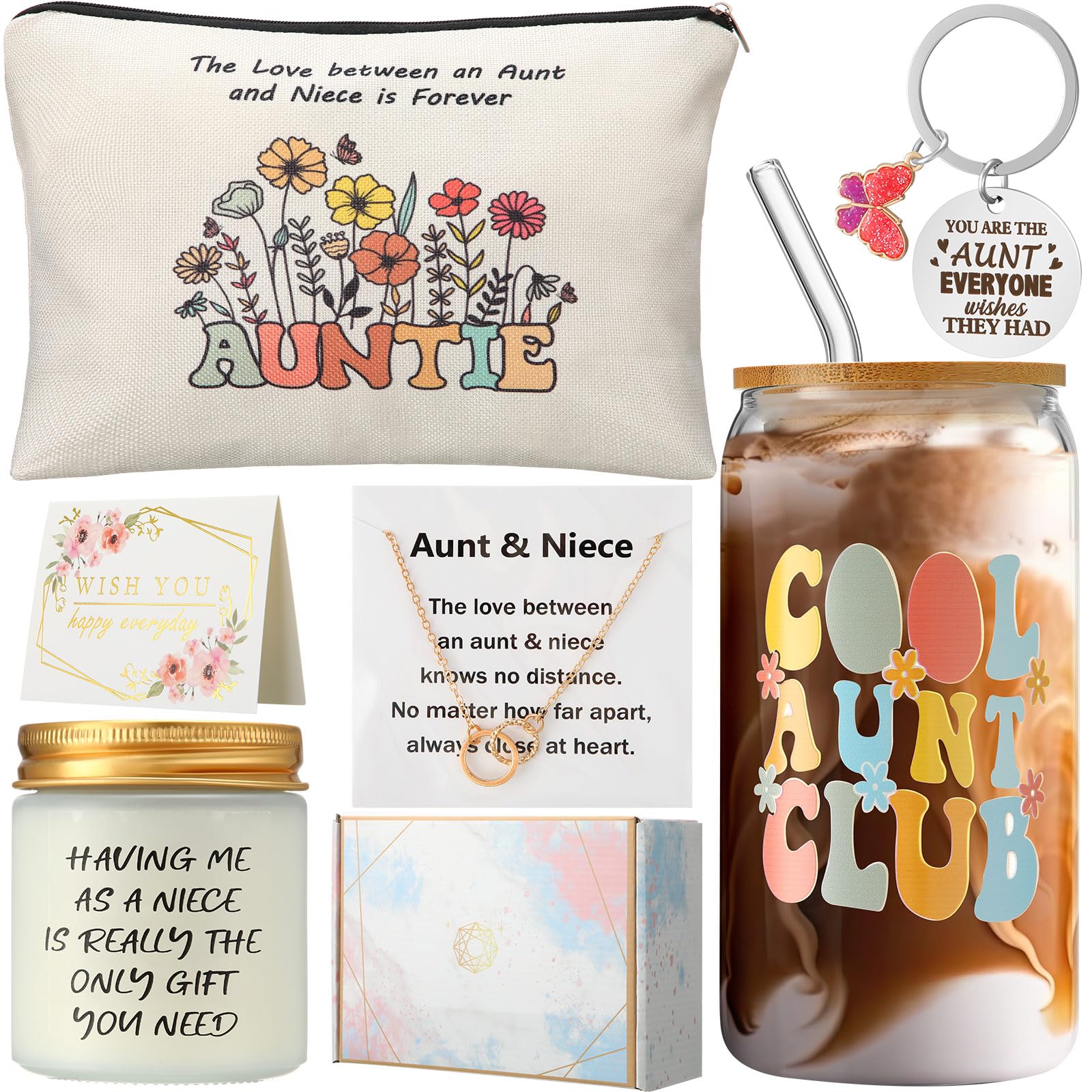 Yetene 8 Pack Aunt Gifts from Niece Birthday Gifts for Aunts from Nephew Aunt Gifts Christmas Gifts for Best Aunts Coffee Glass Candle Necklace Keychain Cosmetic Bag Greeting Cards Gift Box