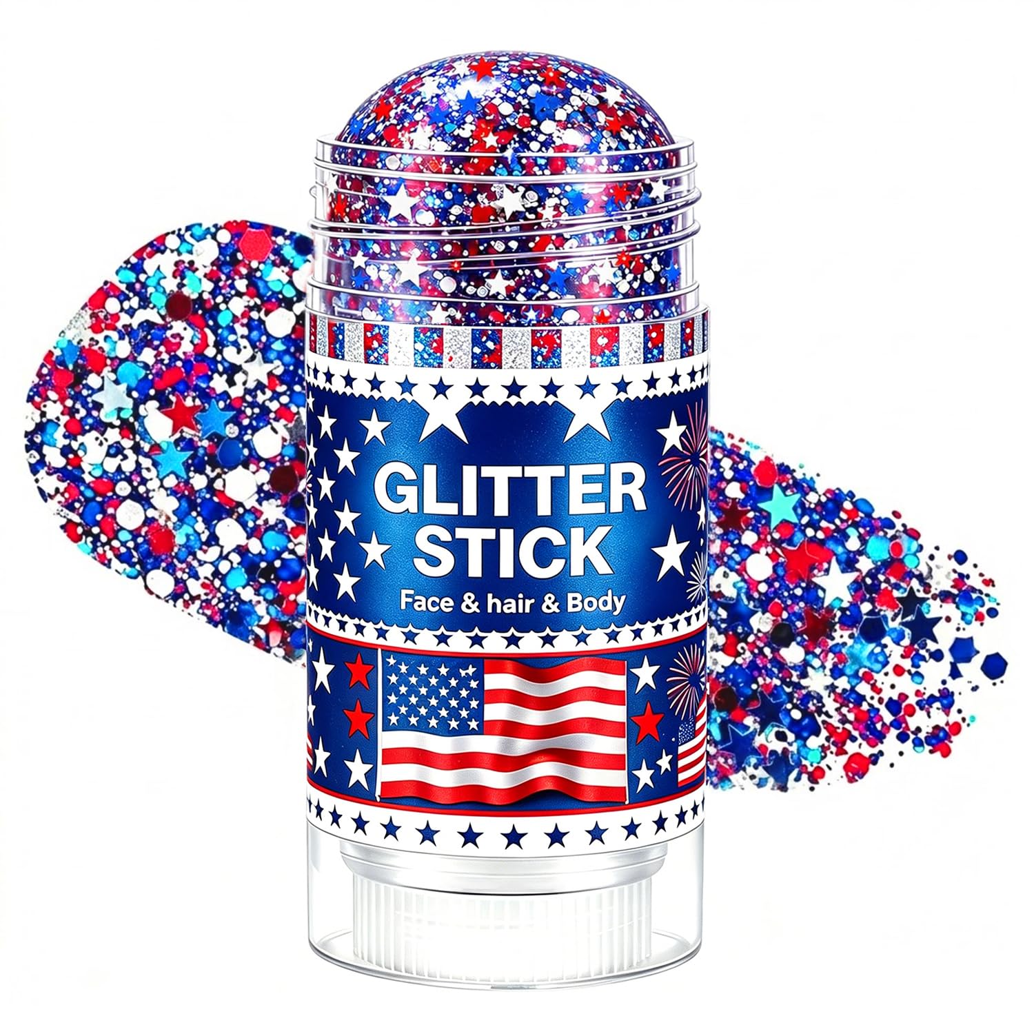 4th of July Glitter Stick, Red White and Blue Glitter Stick, Body Glitter, Patriotic USA Flag Chunky Glitter Makeup for Independence Day, Rave Accessories for Women, 4th of July Decorations
