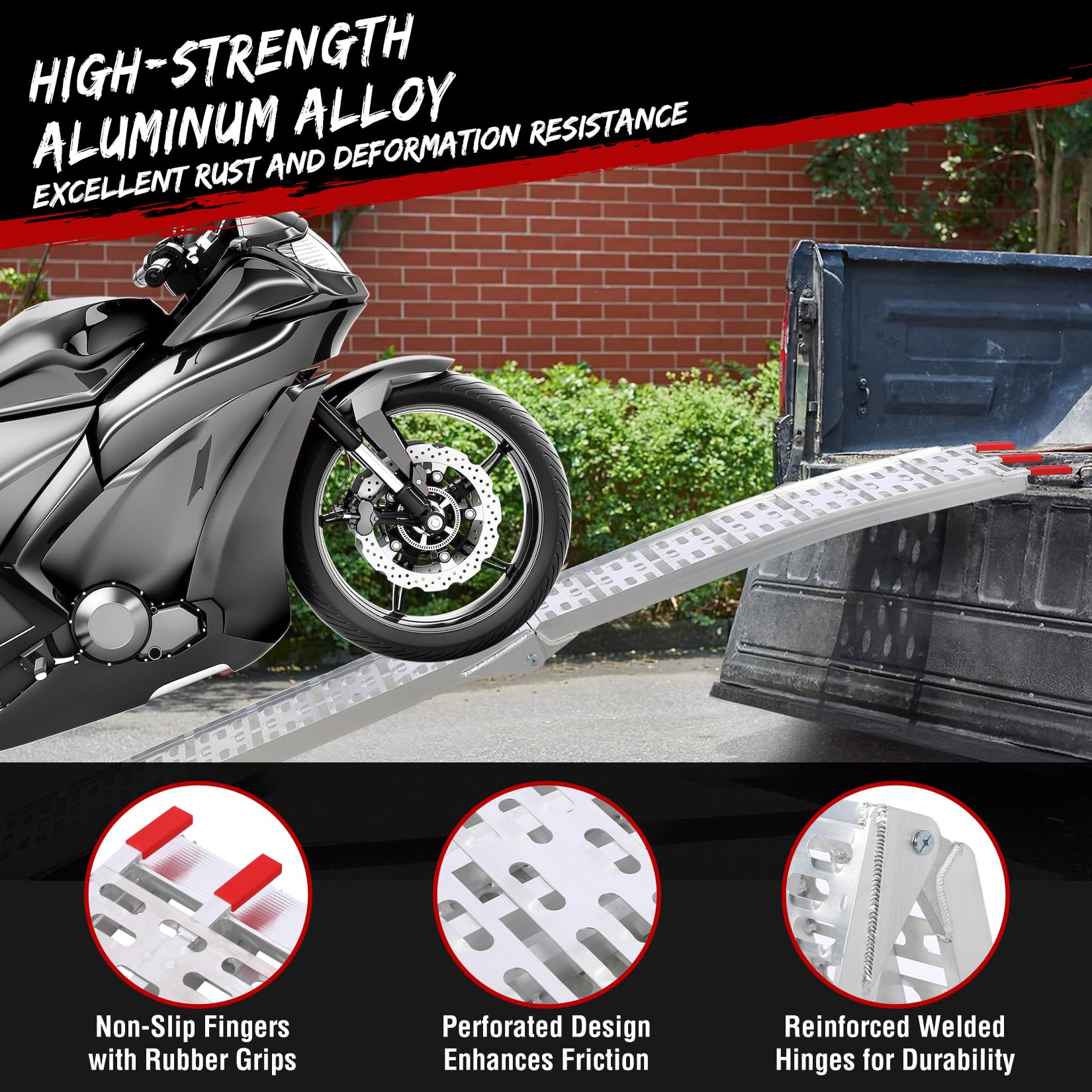 Rampa di carico pieghevole in alluminio per moto, ATV, UTV e tosaerba - Capacità 340 kg - Leggera e portatile - Universale per diversi veicoli - Colore alluminio
