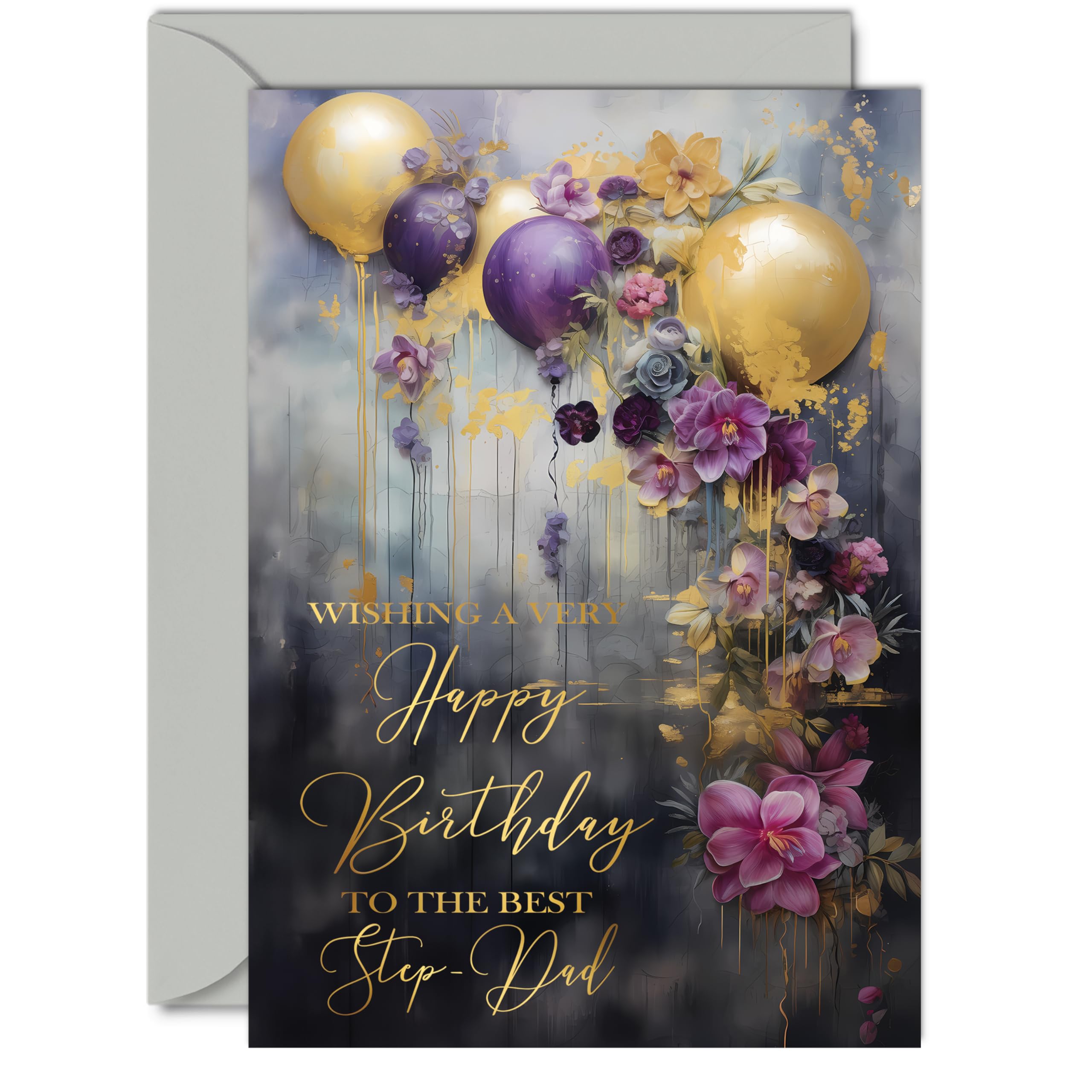 Beautiful Gold Birthday Cards for Step-Dad - Golden Party Balloons - Elegant Traditional Pretty Birthday Card for Step Dad from Step Son Daughter, 5x7 Inch Father Gorgeous Greeting Cards Gift