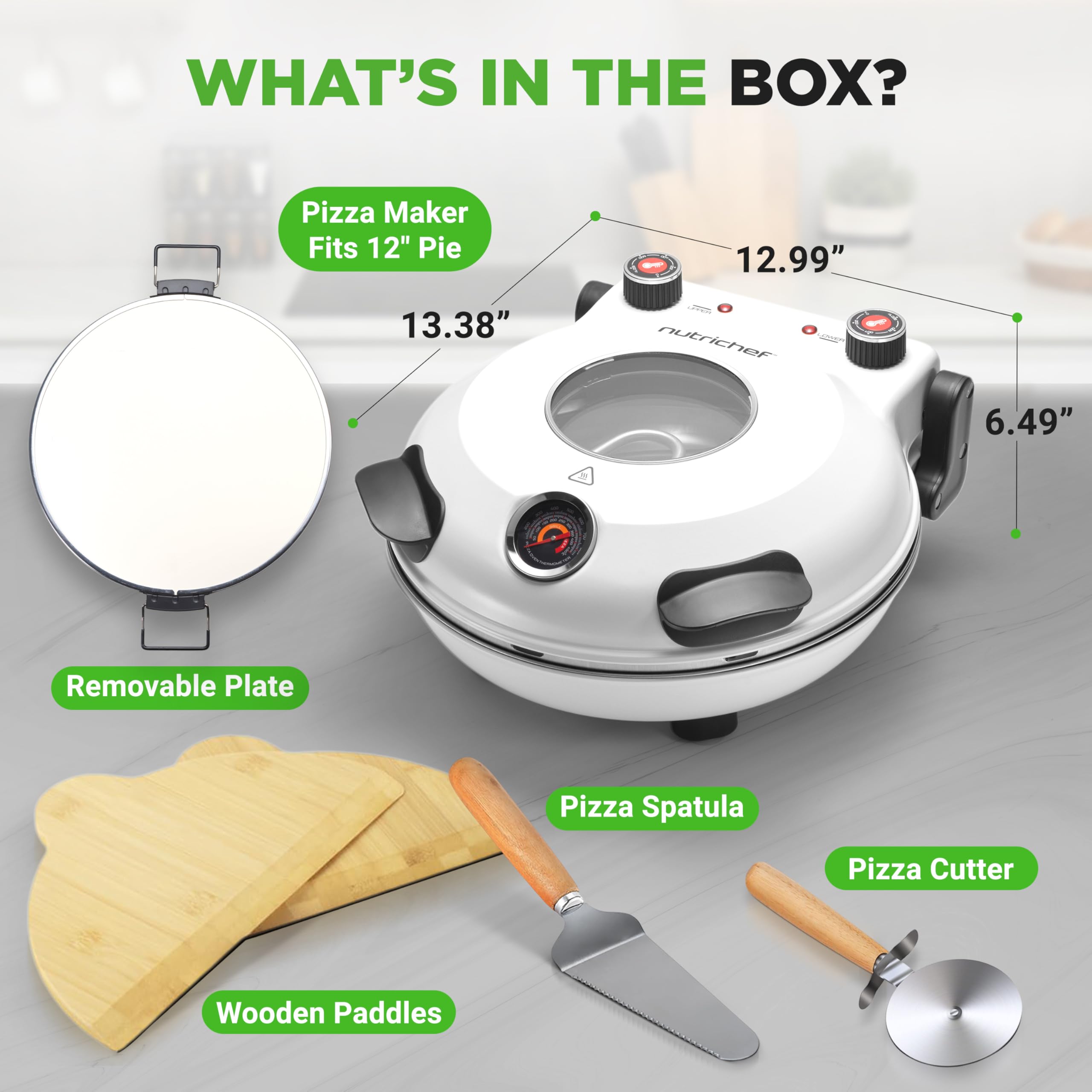 NutriChef Piekarnik elektryczny do pizzy 12” | Maker do pizzy na blat z kontrolą temperatury | Okno pieczenia | Podgrzewa do 800°F | Kamień nieprzywierający, łatwy do czyszczenia | Biały