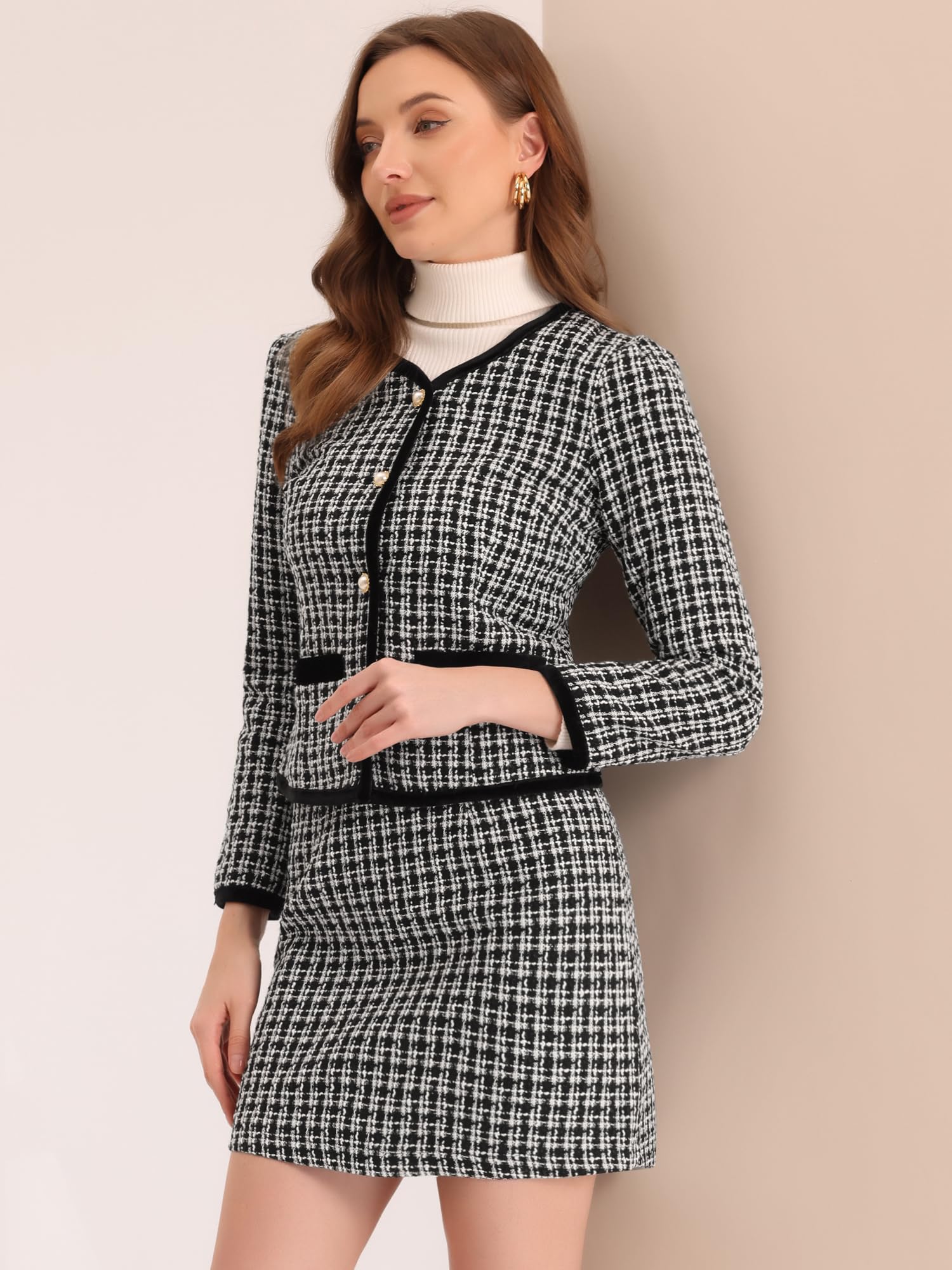 Allegra K Completo da donna in 2 pezzi, con giacca corta e gonna, in tweed scozzese