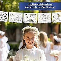 Vista 5 de White Papel Picado Banner (5 Pack - 10 Tissue Paper Flag Designs per Banner/Not Plastic) - White Mexican Banners for Parties and Weddings - Mexican