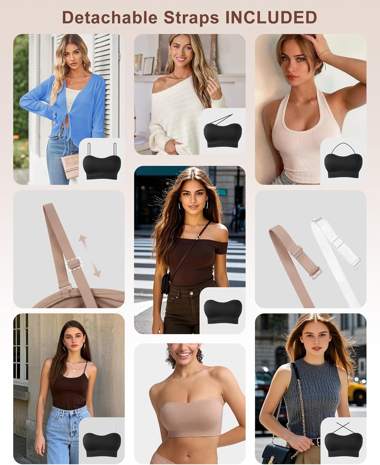 Strapless Bras for Women Non Slip Padded Bandeau Bra Tube Top with Fabric & Clear Straps Seamless Bralette 3 Pack - Image 5