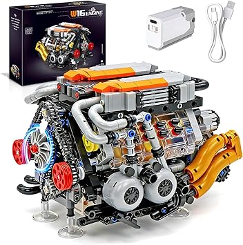 V8 Engine Model Kit that Runs, Build Your Own Visible Car Motor W16 Building Set, 16-Cylinder with Rechargeable Motor, Physical Science Experiment Toy for Adults & Hobbyists 14+1063 PCS