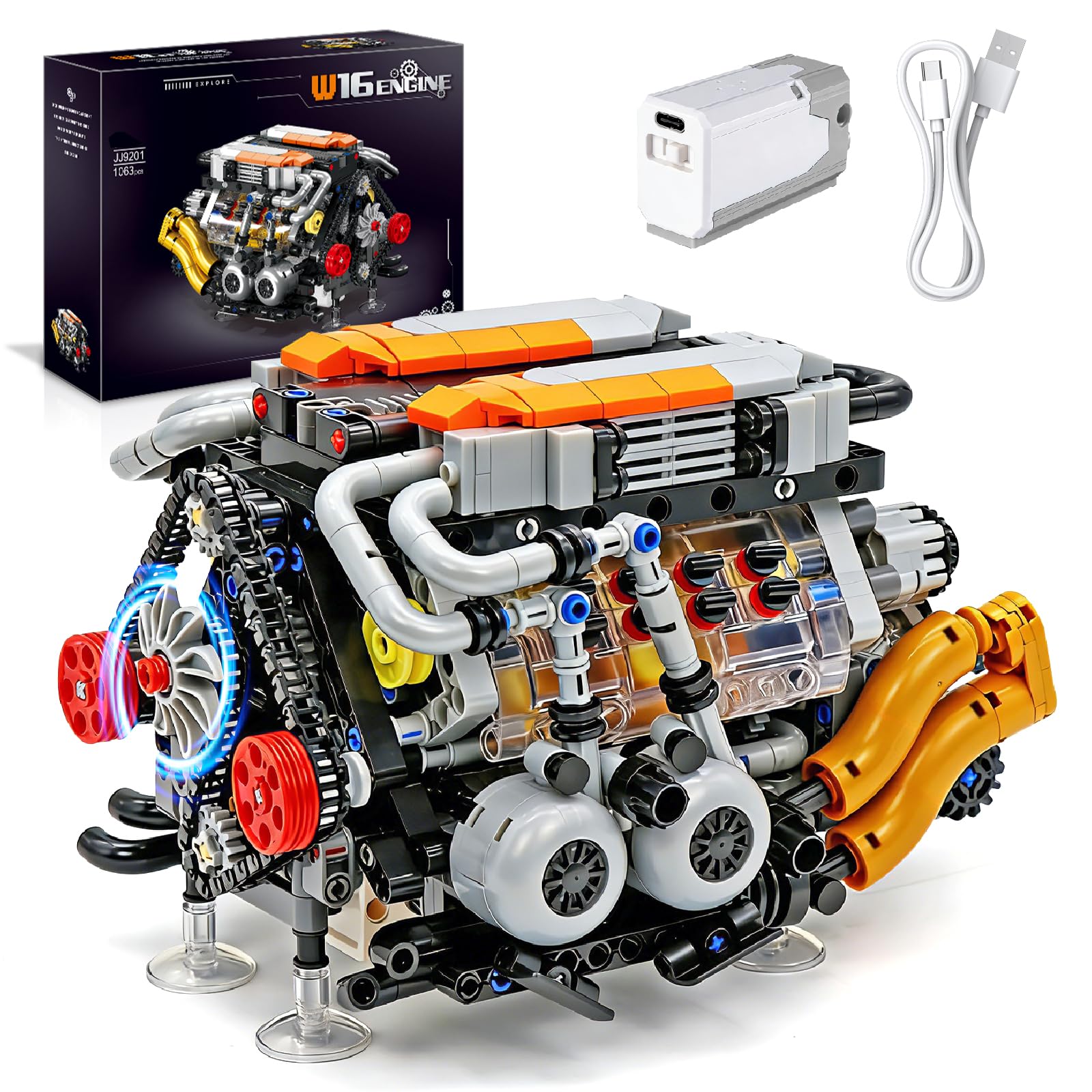 Technik V8 - Kit di costruzione per motore a morsetto, W16 visibile con 16 cilindri, motore ricaricabile, compatibile con Lego, per appassionati di auto e ragazzi dai 14 anni in su (1063 pezzi)
