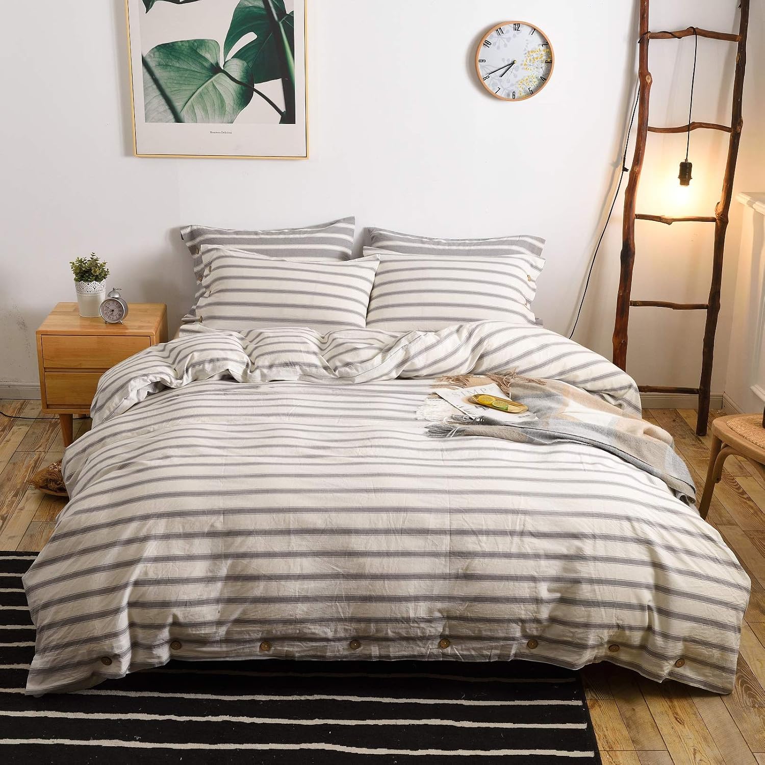 M&Meagle 3 Pieces White Stripe Duvet Cover Queen,100% Washed Cotton Yarn Dyed Duvet Cover with Button Closure,Ultra Soft Natural Cotton Bedding Set-Queen Size(1 Duvet Cover 2 Pillowcases)