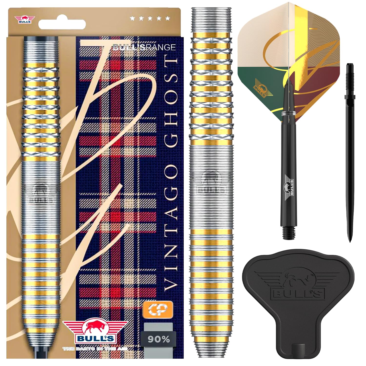 Bull's Vintago Ghost 90% Tungsten Steeldarts - Dartpfeile Metallspitze mit Micro, Ring und Delta Grip für konstante Kontrolle - CP Point System, Tropfenform, 21g/23g/24g/28g, 3er Darts Set