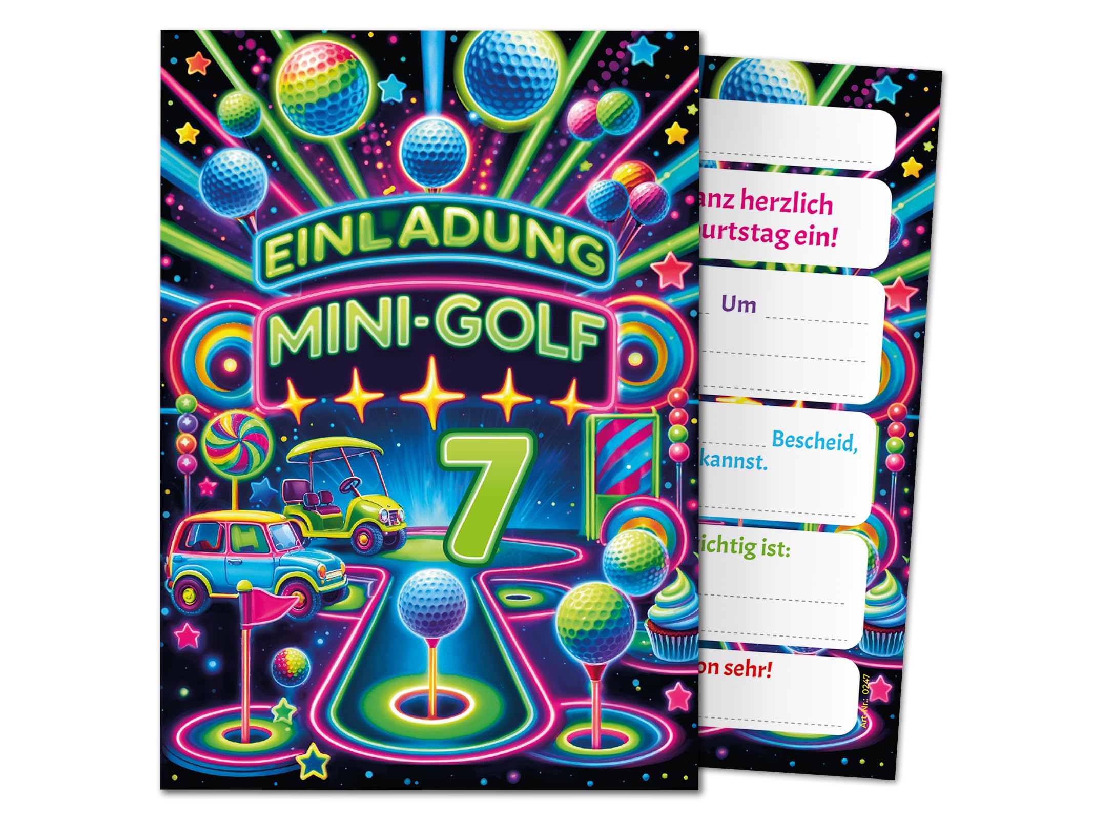 JuNa-Experten 8 Einladungskarten zum 7. Kindergeburtstag Jungen Mädchen Minigolf Mini-Golf coole bunte Einladungen siebte Geburtstag Mädchengeburtstag Jungsgeburtstag