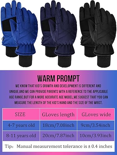 Miniatura 3 de Hicarer 3 pares de guantes de nieve impermeables para niños y niñas, guantes de esquí resistentes al viento para clima frío