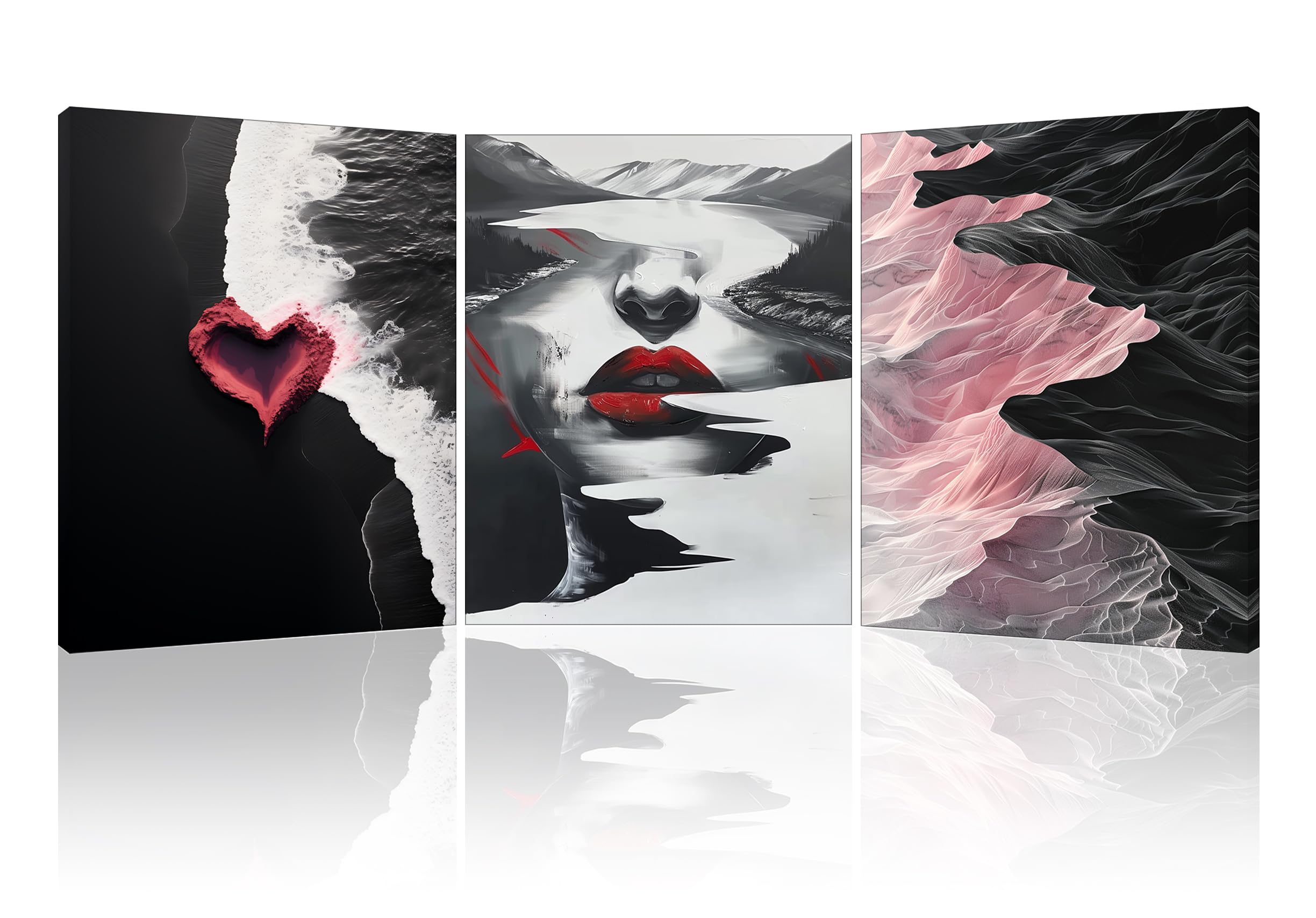 Piy Painting Impresiones En Lienzo Arte Moderno De Pared, Carteles De Arte Abstracto, Negro Blanco Rosa Cuadro En Lienzo Para Salón Dormitorio Aula Decoración, 3 Piezas 30x40cm (90x40cm)