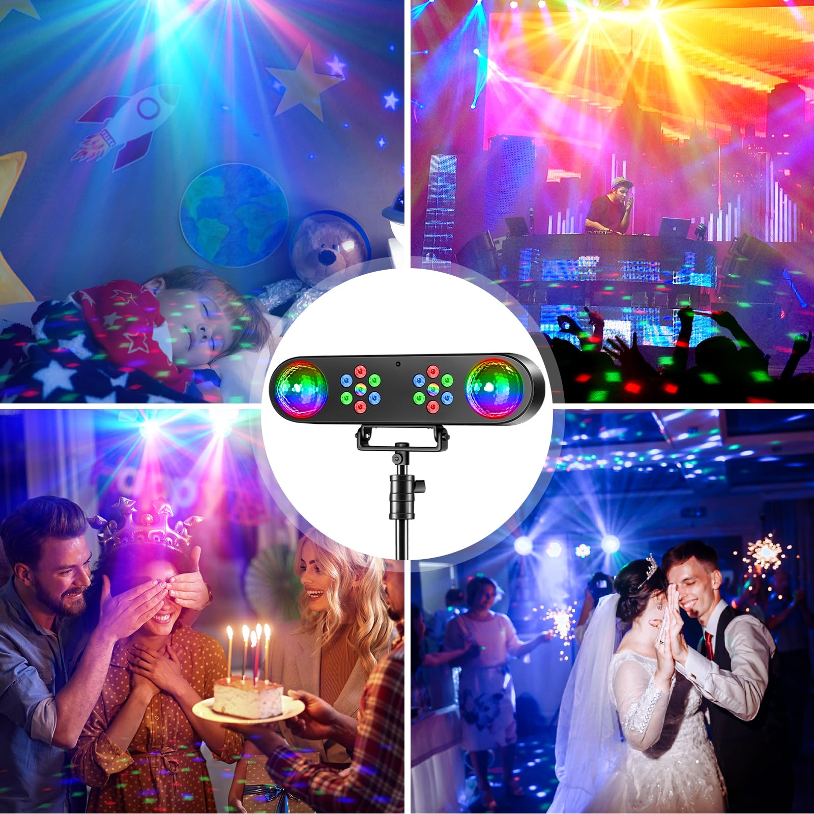 4-en-1 Lumière de discothèque avec support, boules disco, lumières PAR et télécommande,Système d'éclairage de scène avec son activé, pour bar, concert, move, mariage, Halloween, Noël