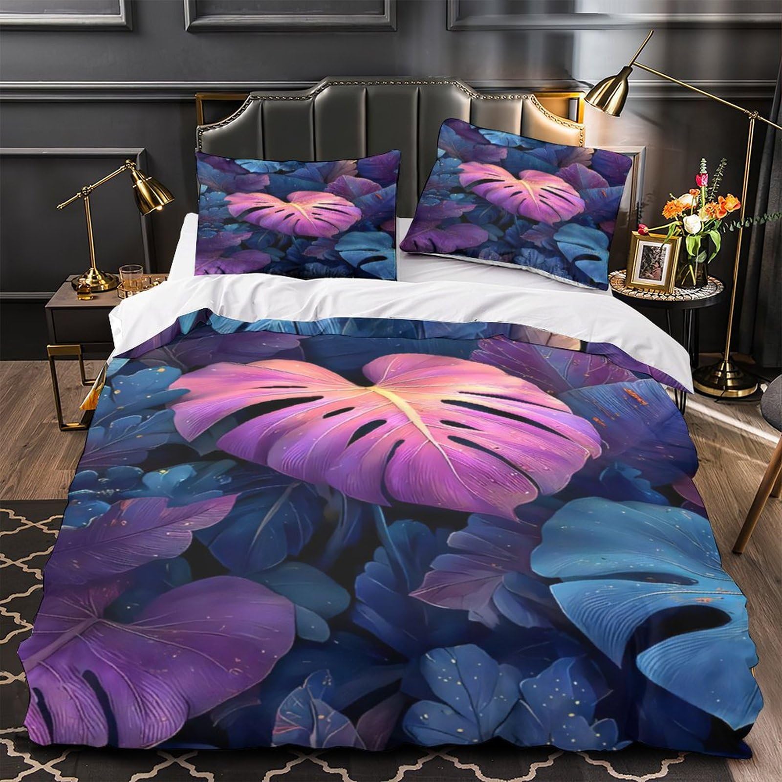 Housse de couette fleurs violettes hypoallergénique et douce en microfibre zippée
