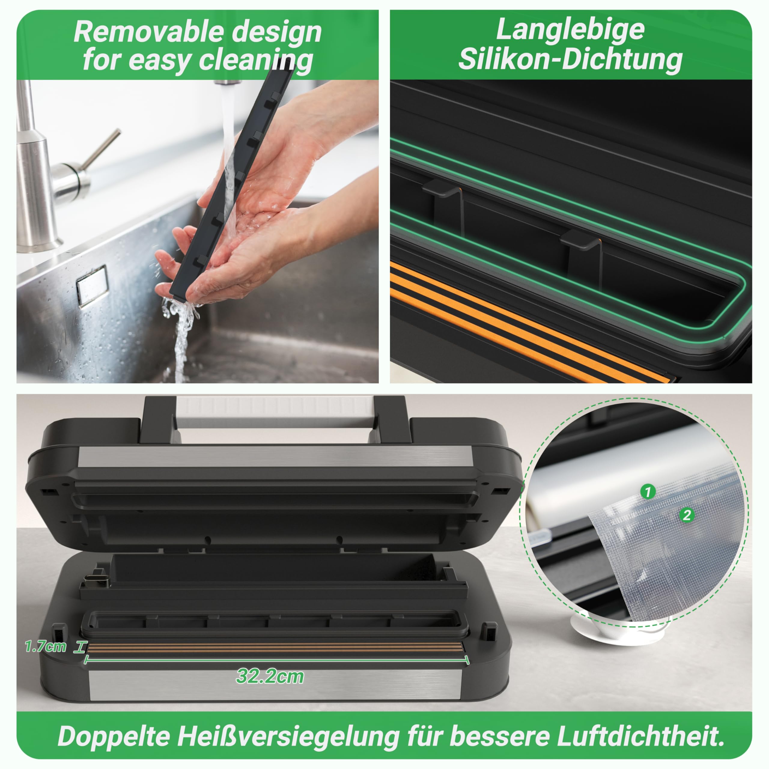 Vakuumiergerät 95kPa Saugkraft 10-in-1 doppelte Heißsiegelung integriertes Schneidemesser Beutelhalterung Easy-Lock-Griff 2 Beutelrollen