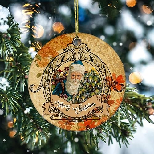 Miniatura 2 de Two-Side Printed Retro Christmas Theme Ceramic Christmas Ornament, Novelty for Family Friends Kids, Vintage Paper Texture Christmas Keepsake Pendants