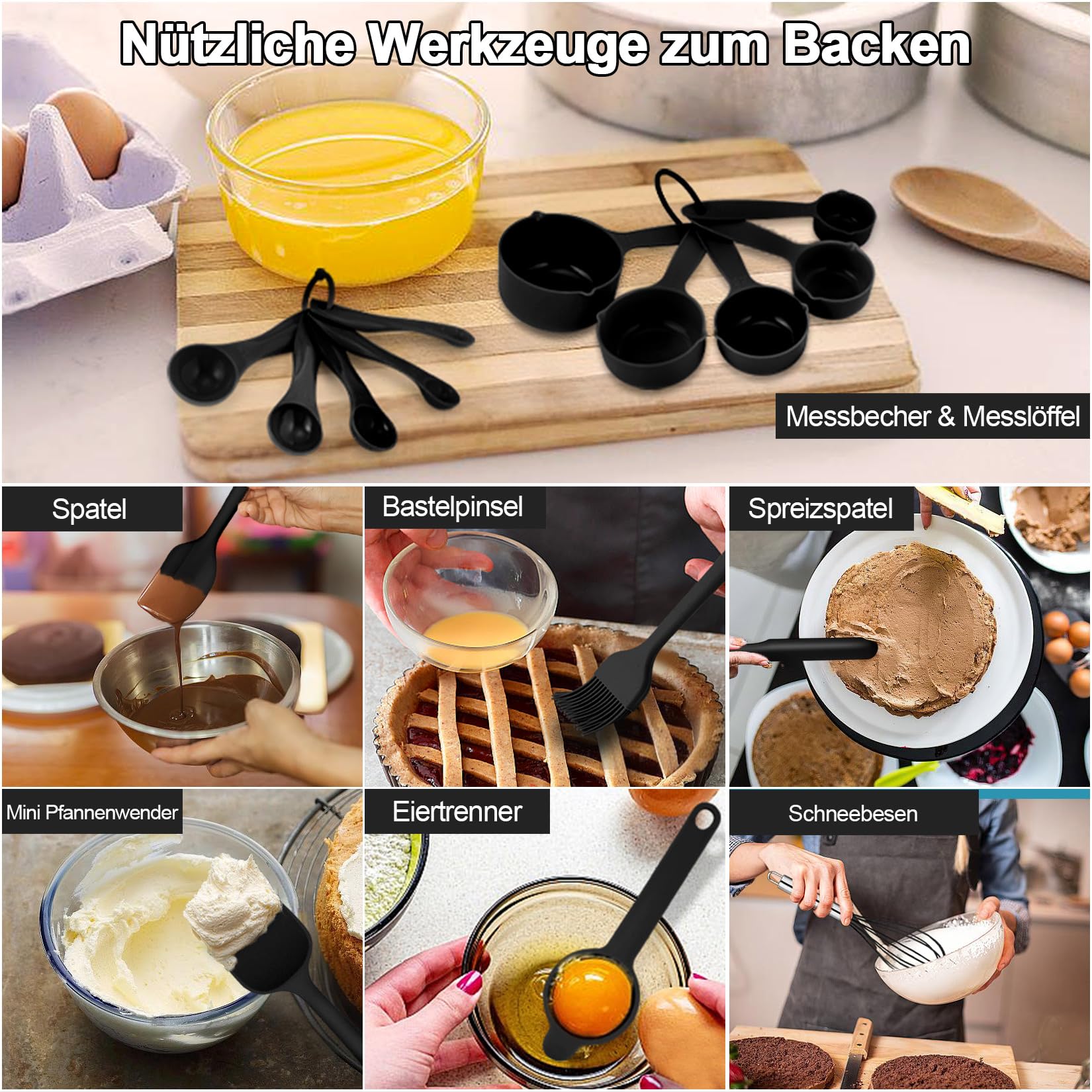 Onader Set di utensili da cucina in silicone, 25 pezzi (25, nero)