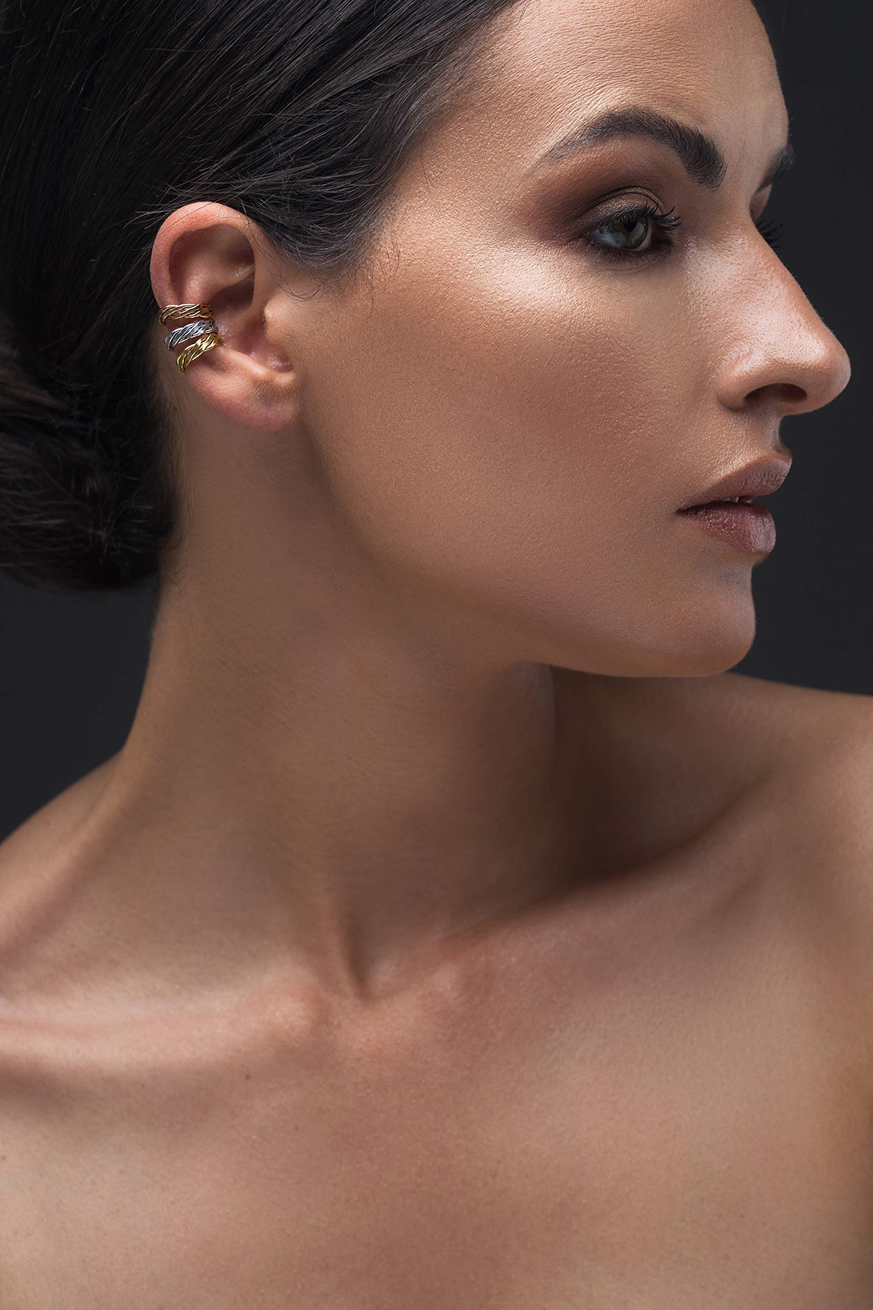 Minimalistische Ear Cuff Set ohne Ohrloch - 3 Stück - 925 Sterlingsilber geflochten - Silber Gold Rosé Mix - Stapelbar - Nickelfrei Hypoallergen - Kein Piercing - Handmade by Emmanuela