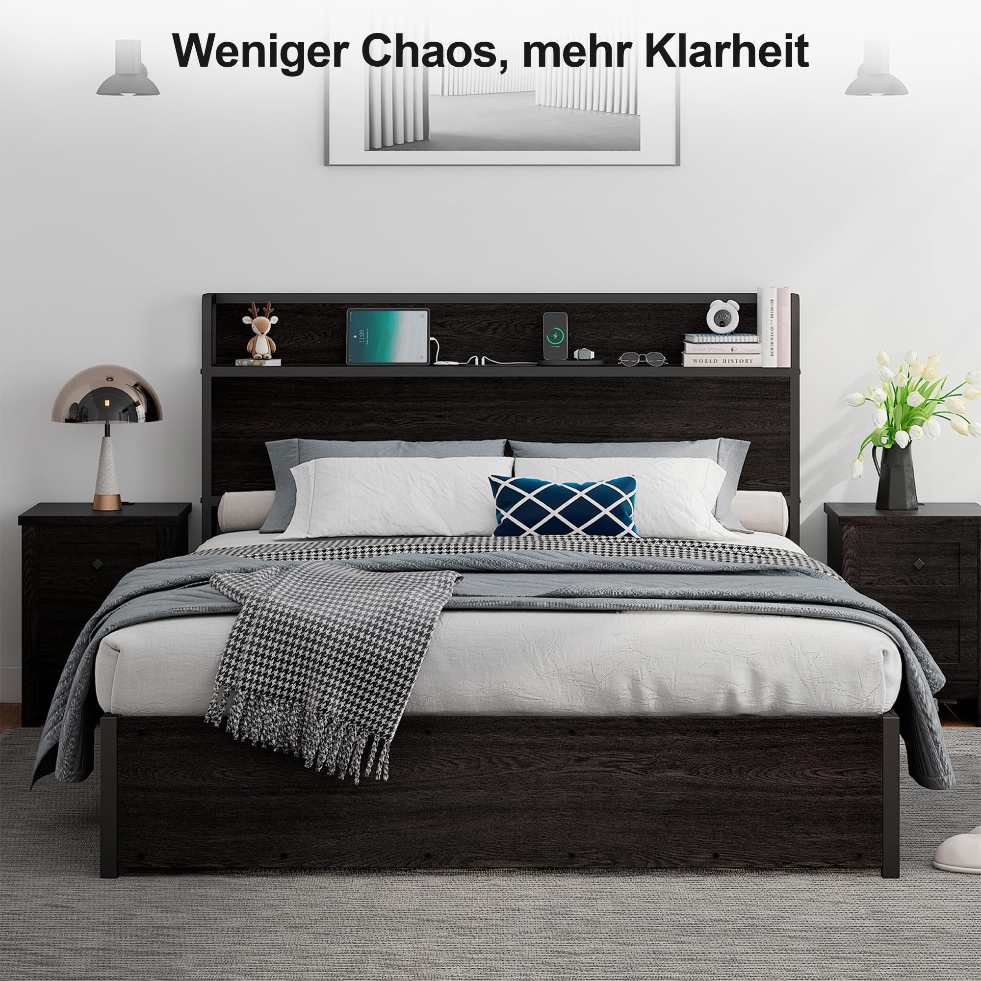 LUXOAK 160 x 200 cm Lift Up Stauraumbettgestell, Holzplattformbettgestell mit Hebefunktion, Stauraum und Ladestation, Keine Federung erforderlich, Geräuschlos, Schwarz, Ohne Matratze