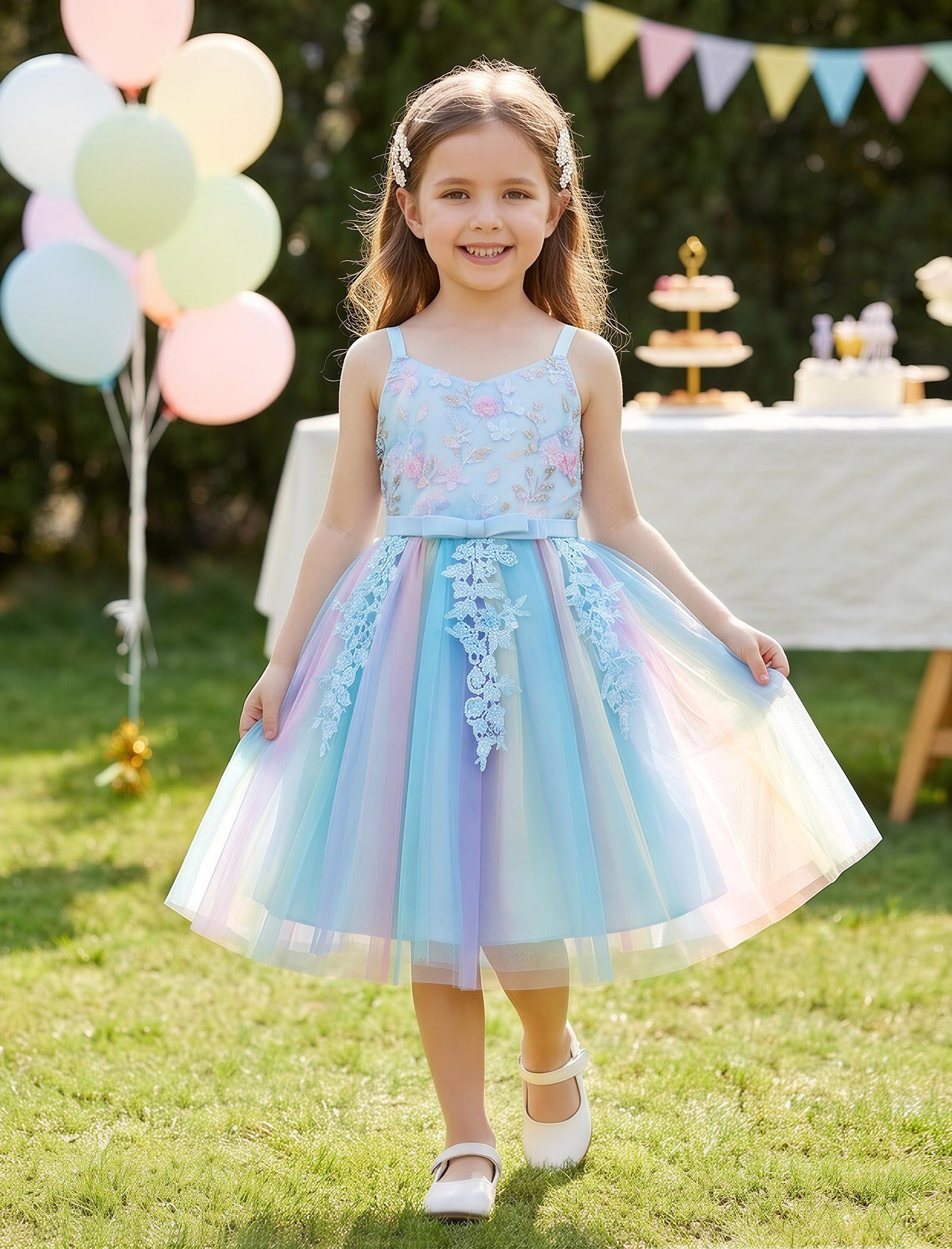 IMEKIS Regenbogen-Tüll-Geburtstagskleid für Kleinkinder, kleine Mädchen, Blumenkleid für Hochzeit, Ostern, Festzug, 2–7 Jahre