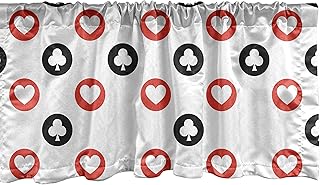 Lunarable Casino Window Valance, Spotted Pattern Playing Card Blackjack Gaming Ornaments Vintage Style, Curtain Valance for Kitchen Bedroom Decor with Rod Pocket, 54" X 18", Black White Red