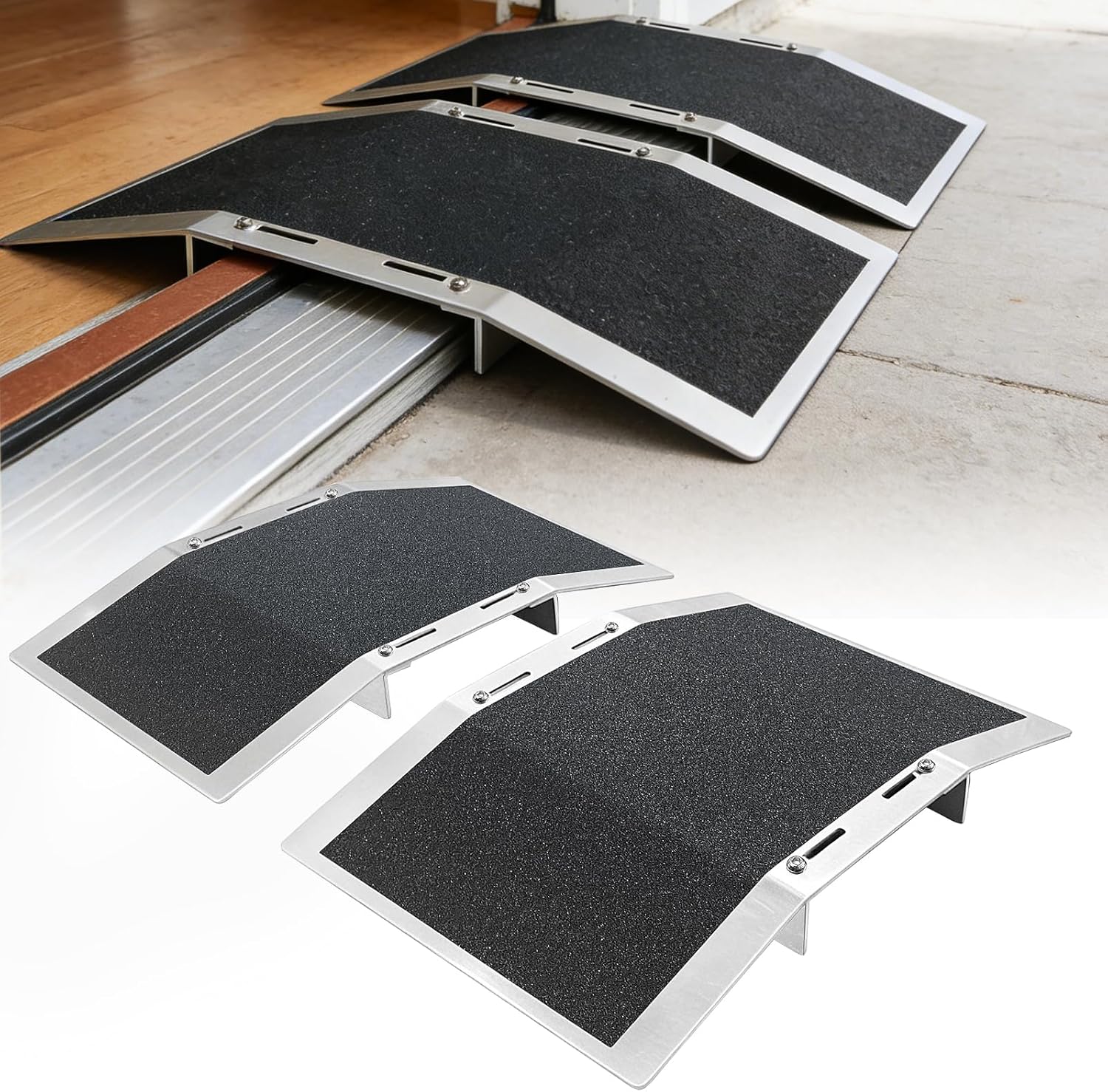 Adjustable Aluminum Threshold Ramps for Wheelchairs – 2 Pack, 12" L x 1.6" H, Fits 2.8–5.1" Wide Doorways with Support Bars, Non-Slip for Home Steps and Sliding Doors