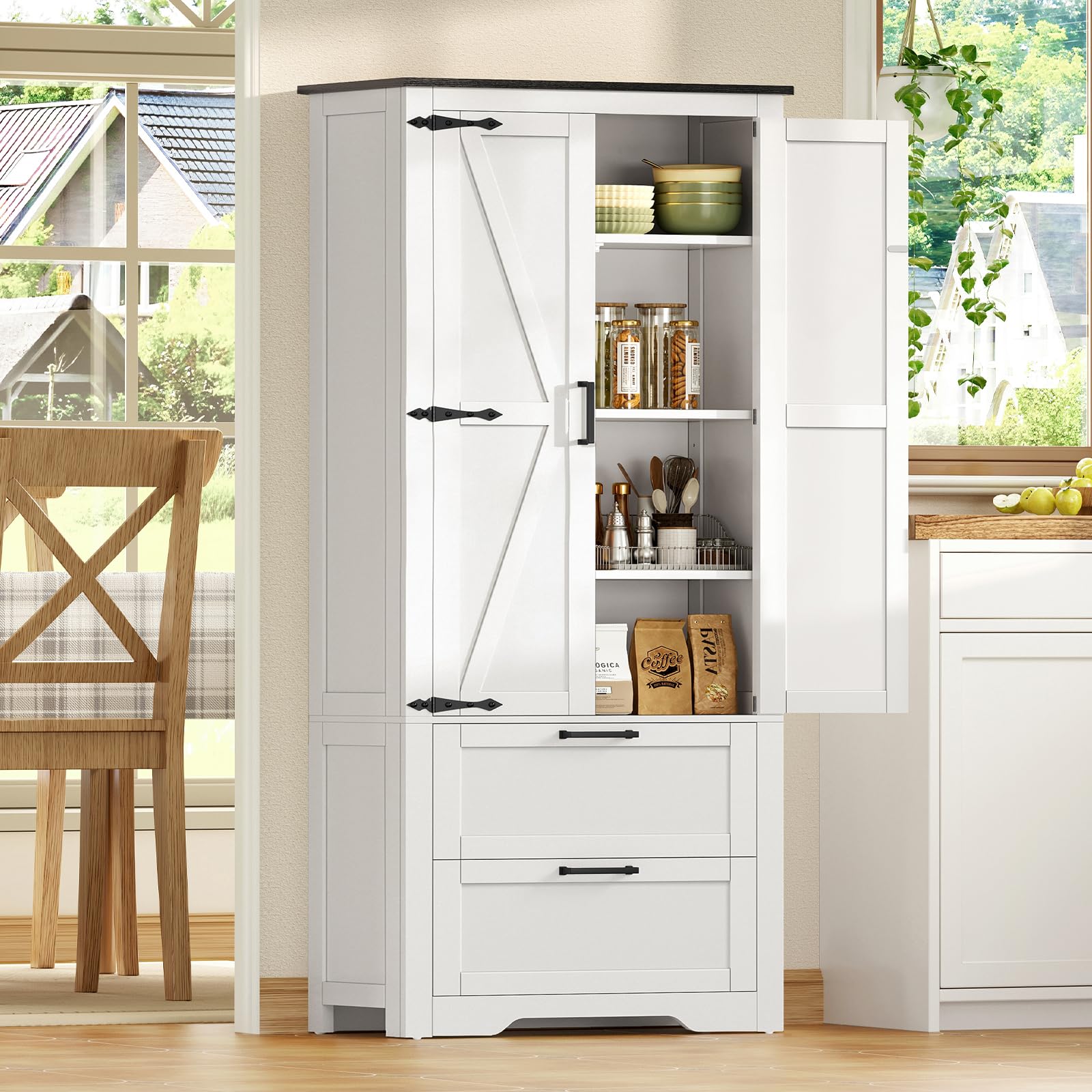 TEENFON Buffet Haut Cuisine, Armoire Cuisine 2 Portes et 2 Tiroirs, Meuble de Rangement avec Étagère Réglable, pour Salon et Salle à Manger, 60x30x168 cm, Blanc